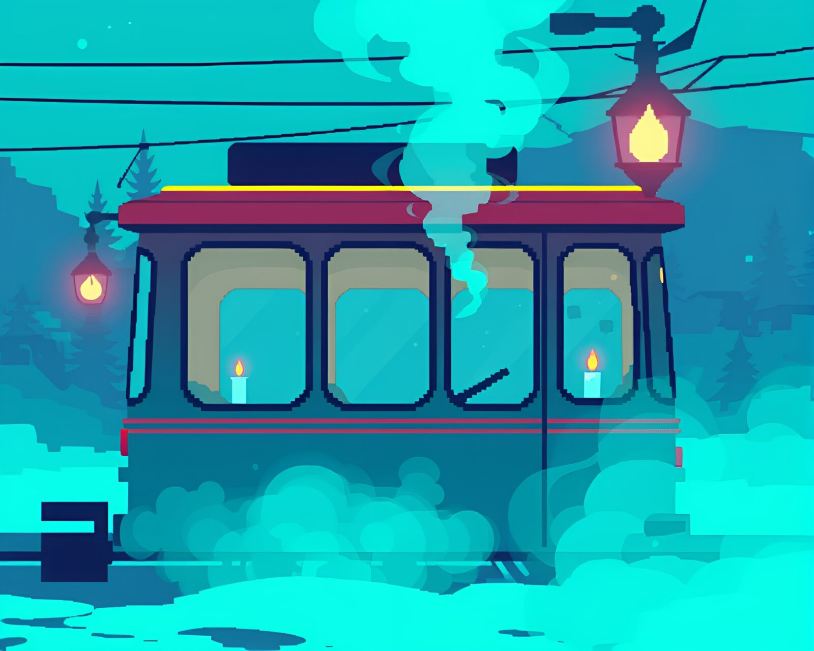 Pixelated cable car gliding amidst ethereal blue smoke