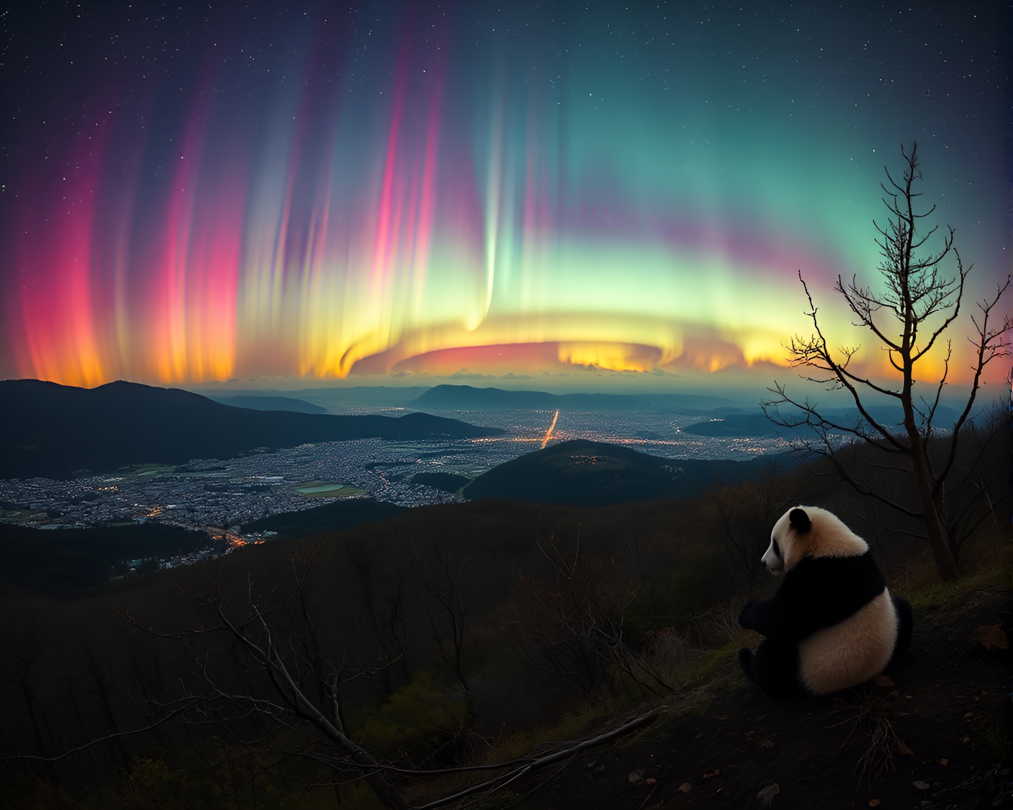 Enigmatic Panda Panorama in Aurora Double Exposure – free AI stock image