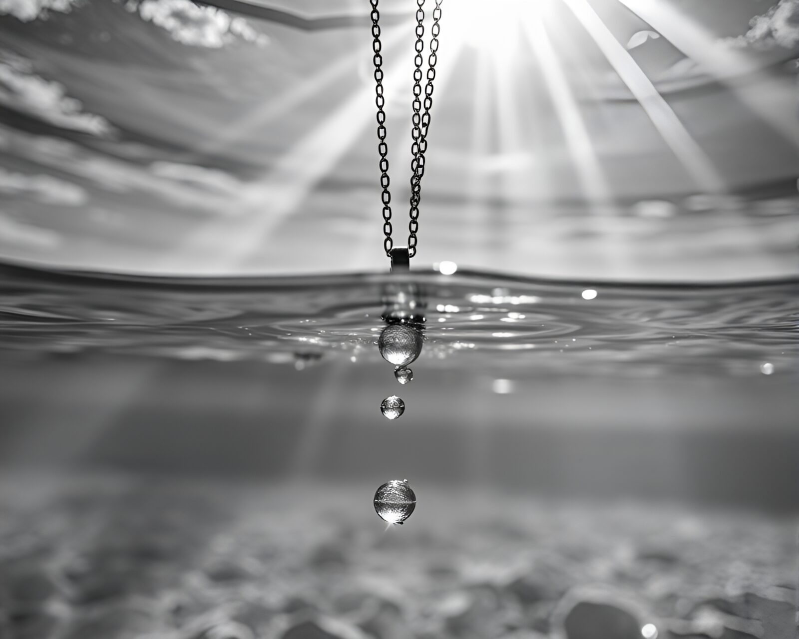 Black and white image of sunbeams reflecting off a submerged necklace