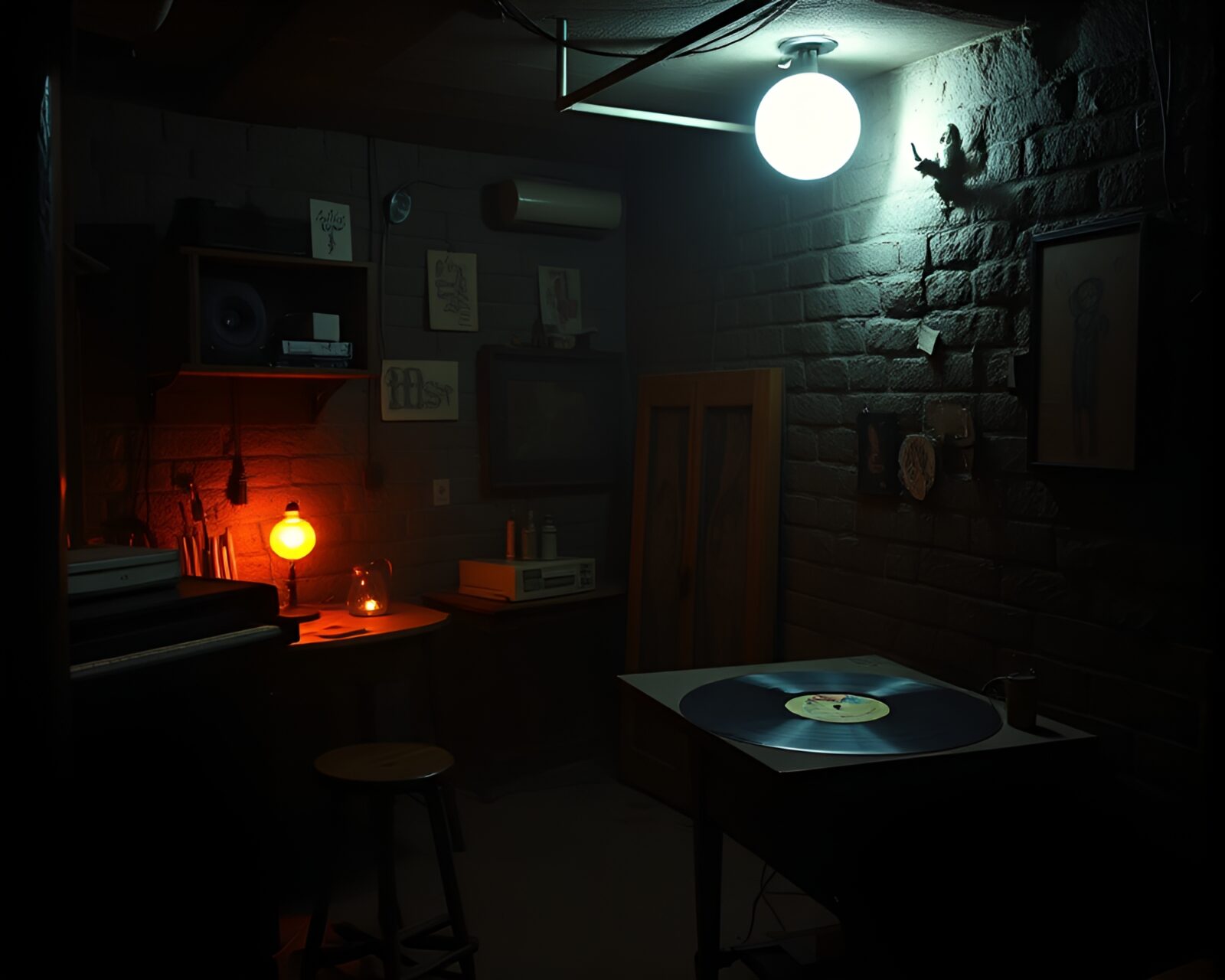 Dark basement with vinyl record and calligraphy art
