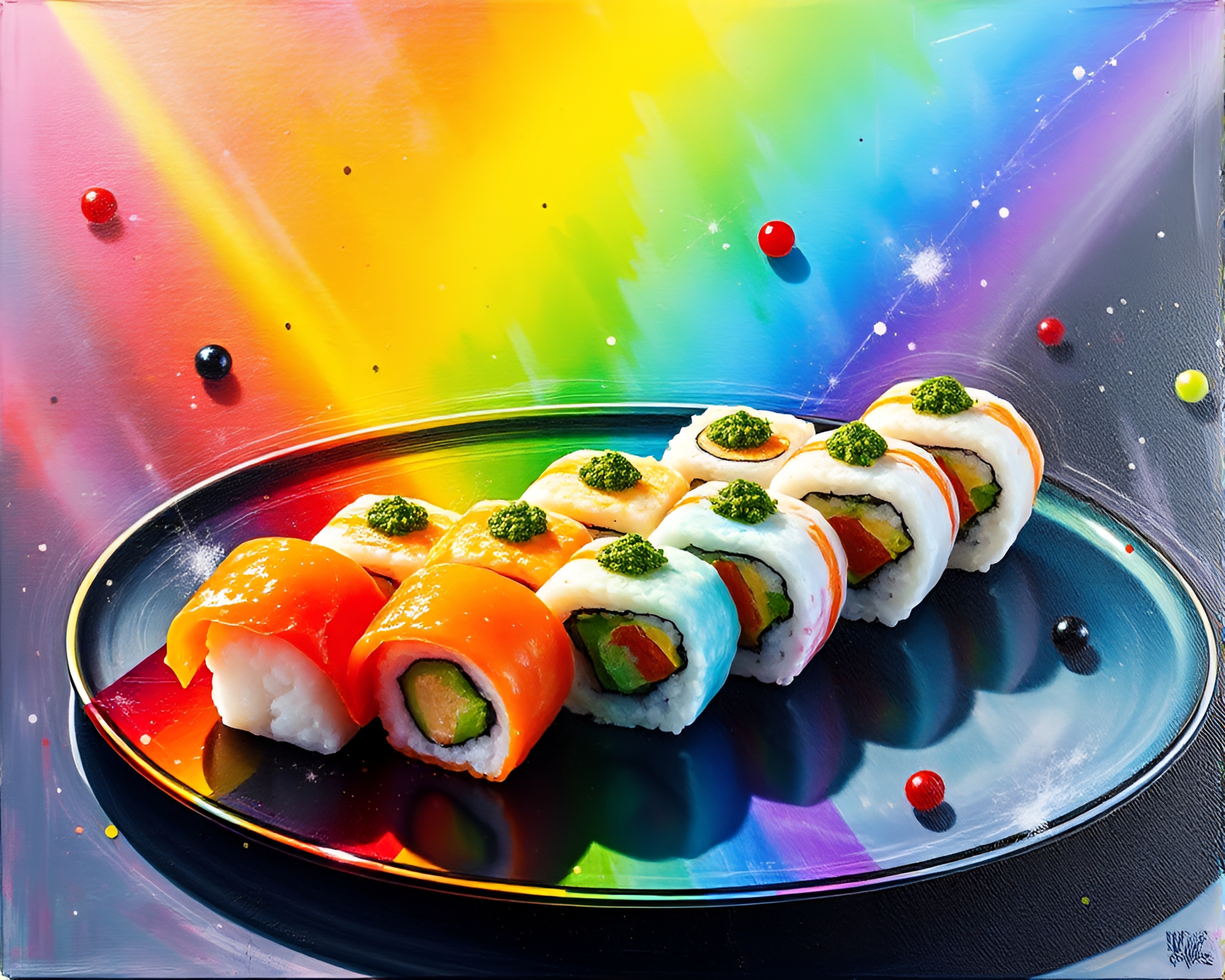 Rainbow Sushi Platter in Paint Splatter Palette – free AI stock image