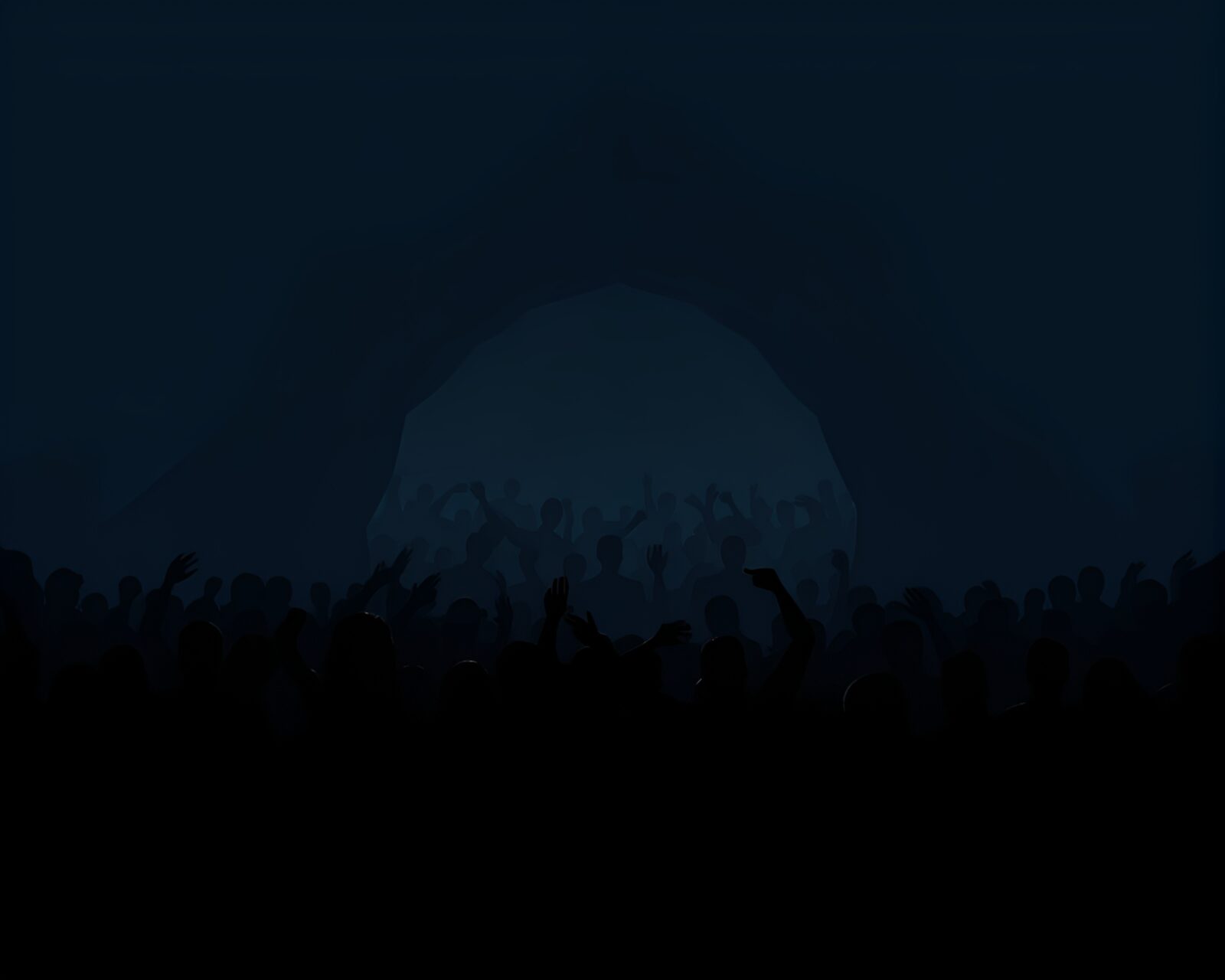 A crowd of people's silhouettes huddled around a glowing coffee cup at a cave entrance