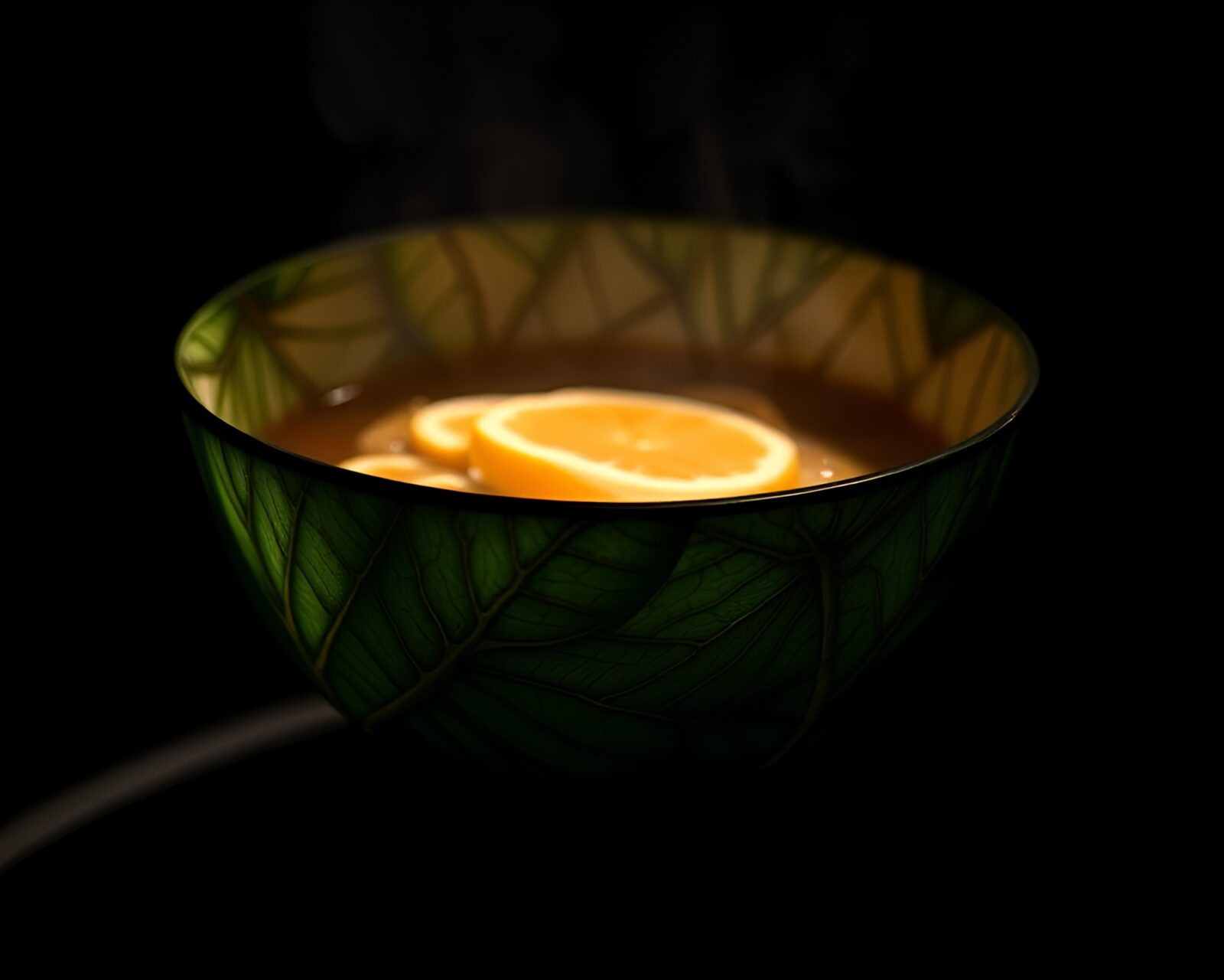 Overexposed image of ramen bowl with detailed leaf vein shadow