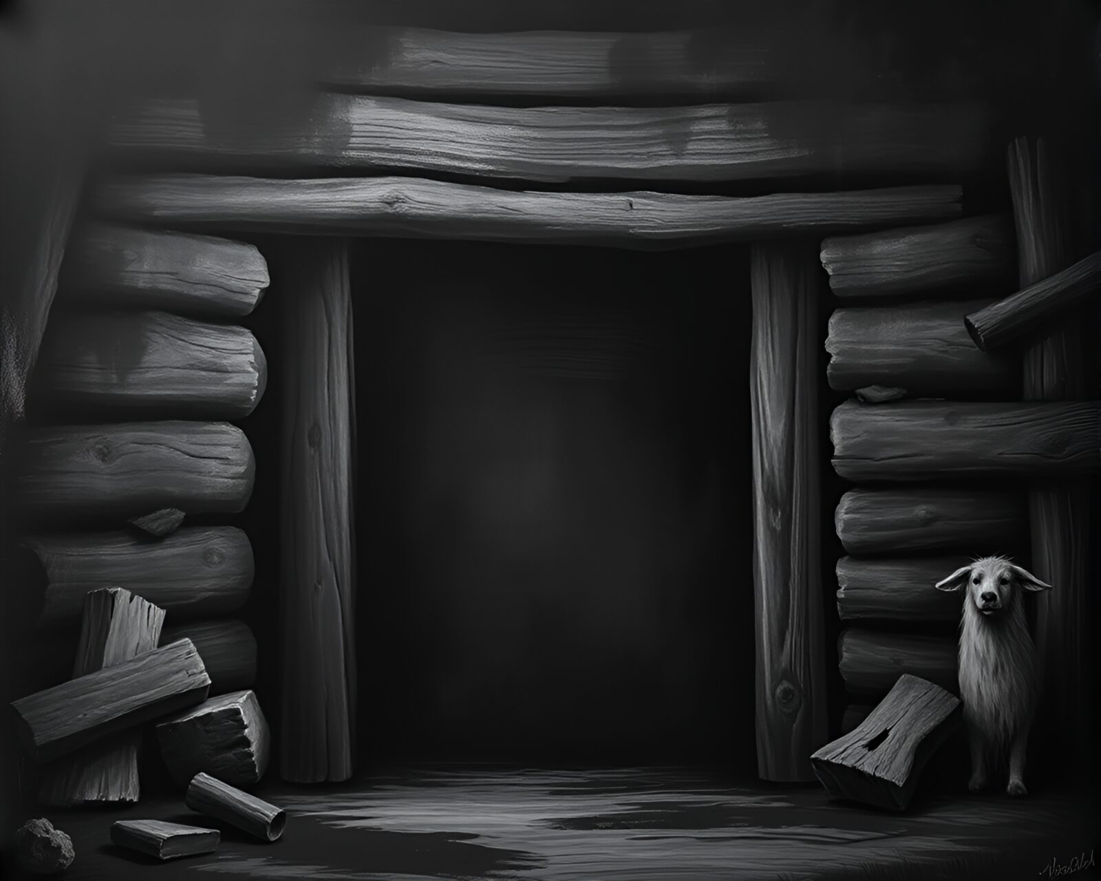 Mysterious cave entrance with chalkboard smudges in rustic setting