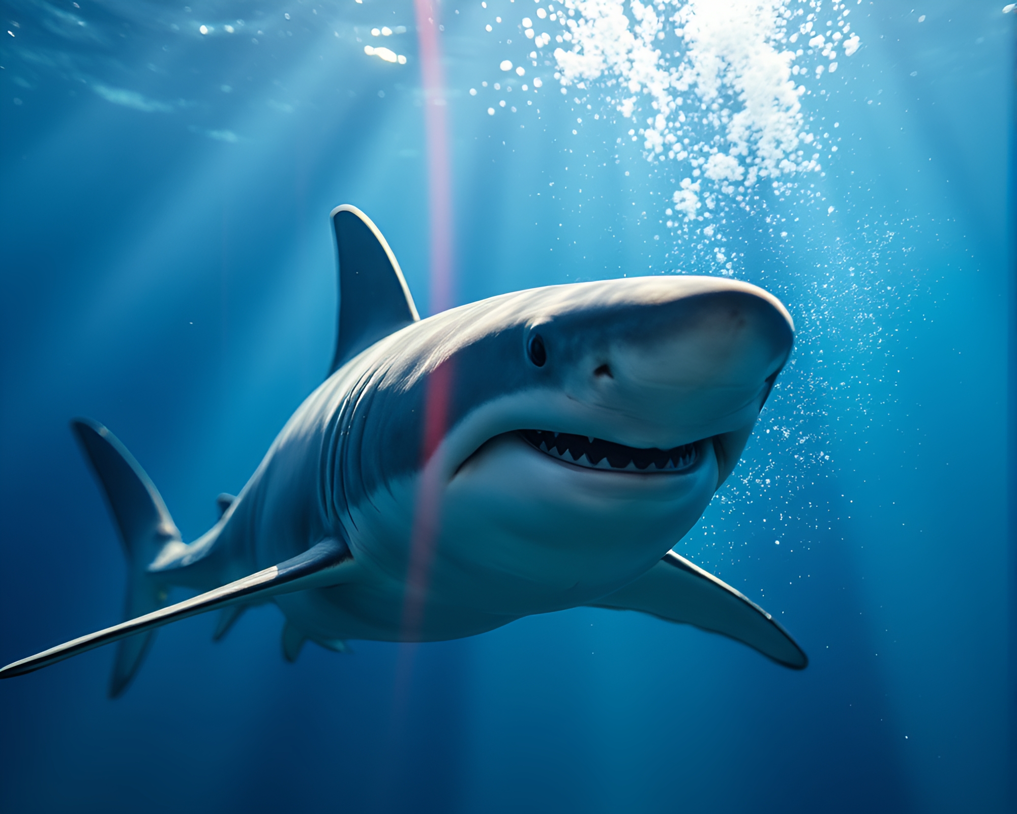 Majestic Shark Encounter in Colorful Light Streaks – free AI stock image