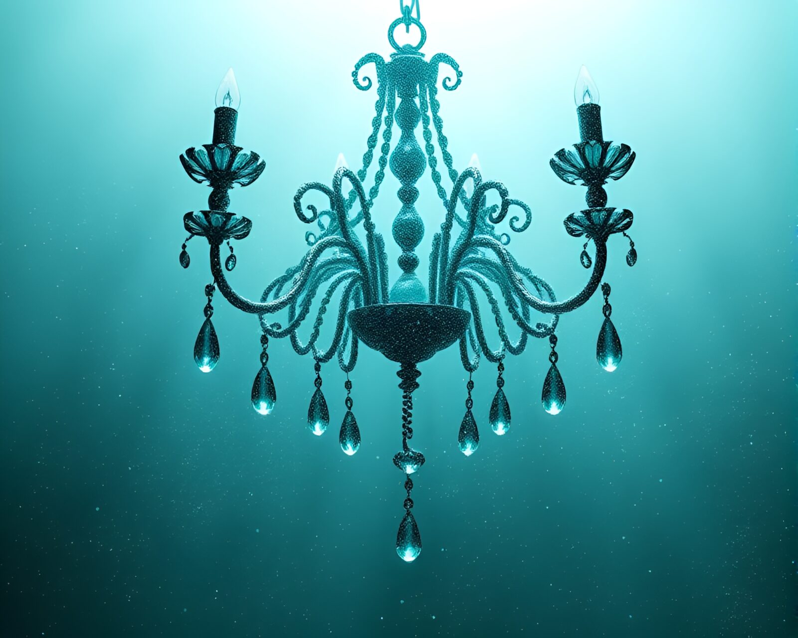 A serene image of a gothic chandelier in turquoise light with dust particles