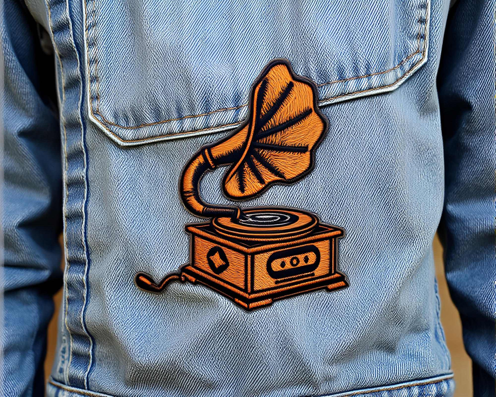Steampunk Gramophone with Intricate Embroidered Detail – free AI stock image