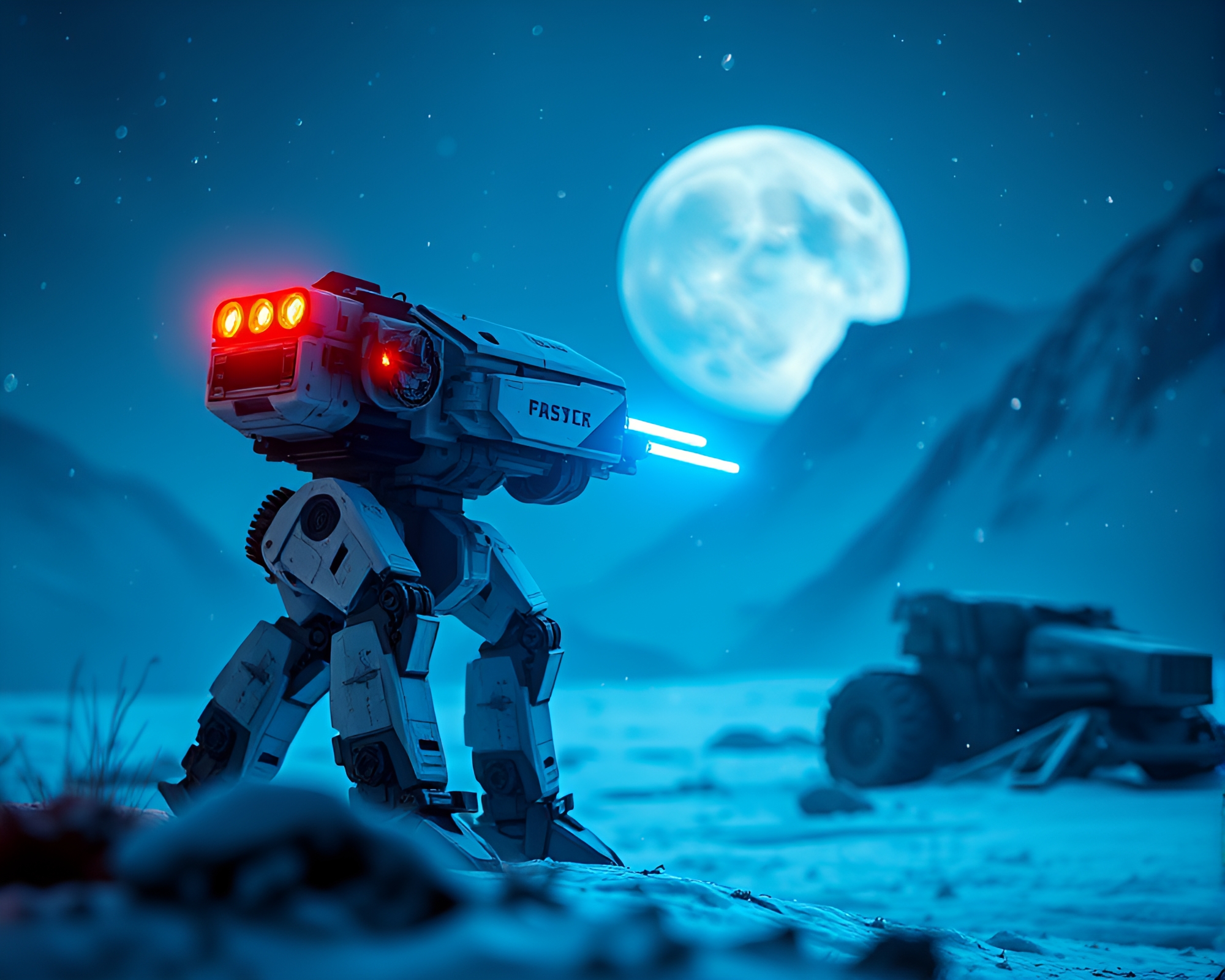 Arctic Blue Battle Mech in Stereograph Style – free AI stock image
