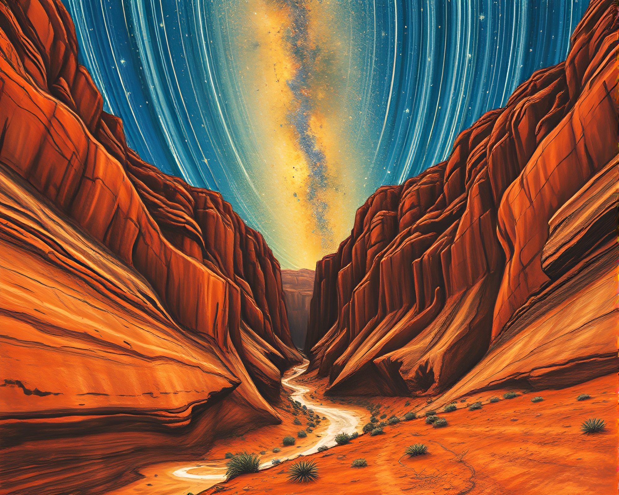 Mesmerizing Hoverboard Journey Through Rusty Canyon Star Trails – free AI stock image
