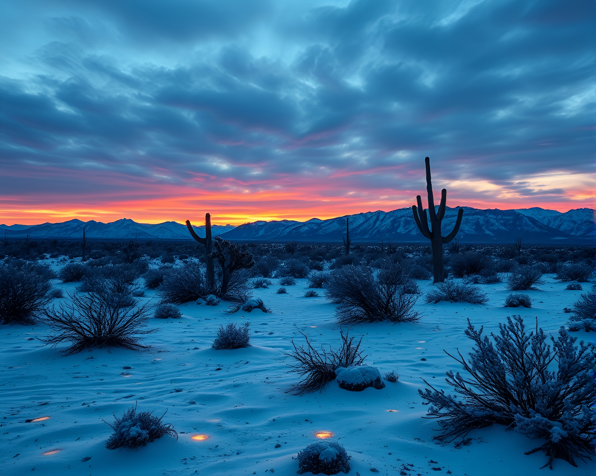Mildew Winter Wonderland: Light-painted Desert Sunset – free AI stock image