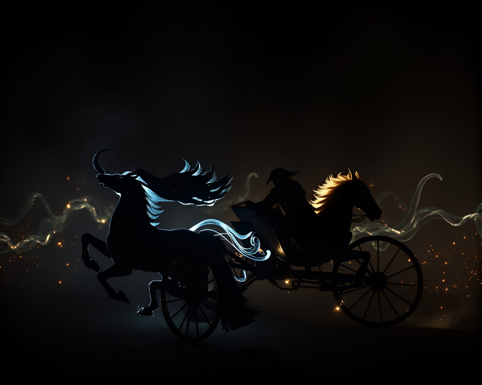 Fantasy chariot racing in glowing torchlight silhouette