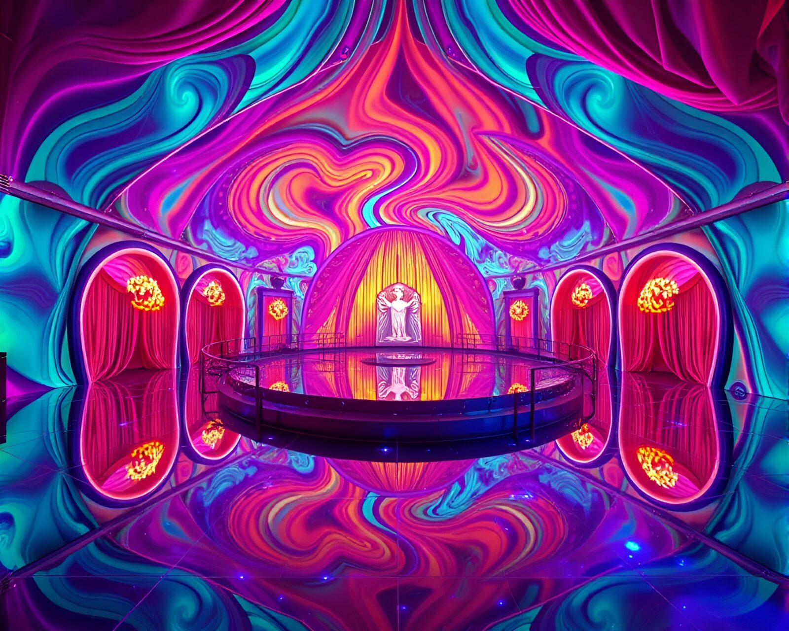Abstract cloth simulation with vibrant swirls reflecting twice