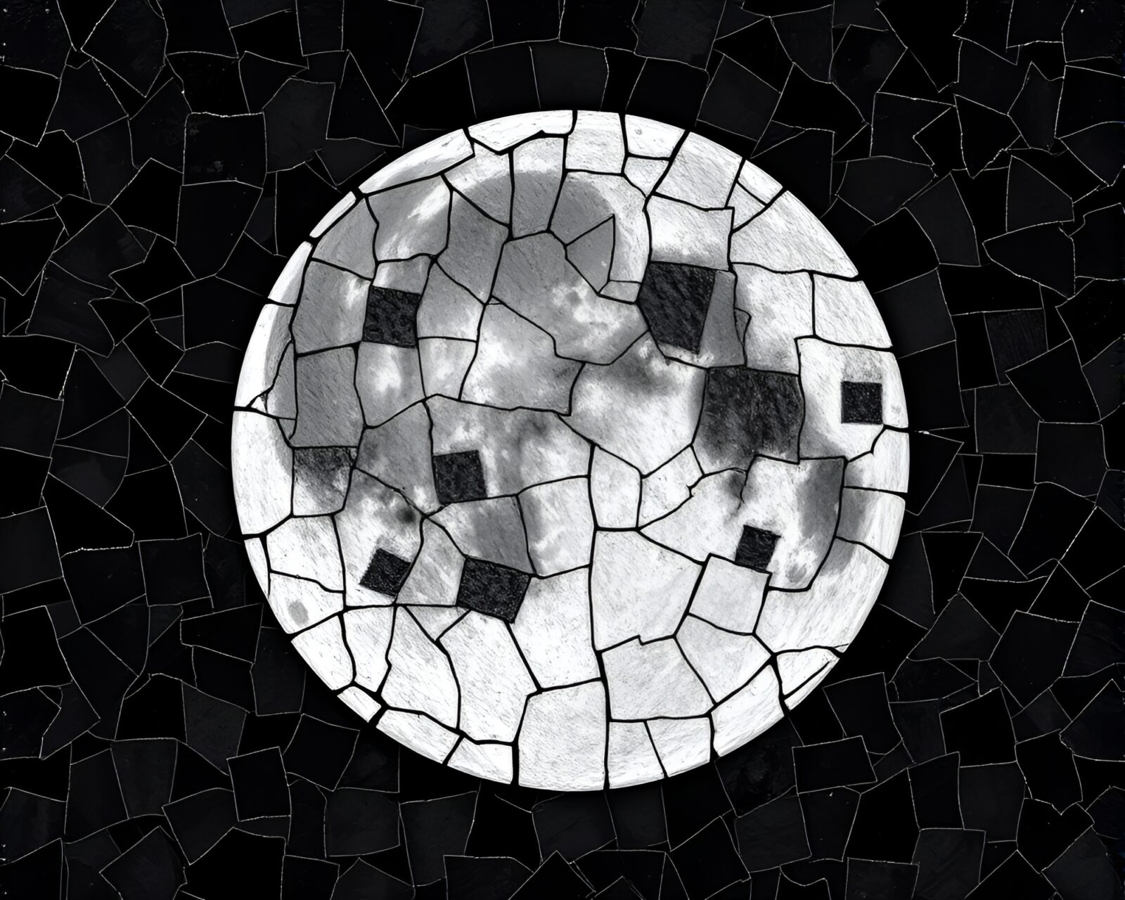 Skateboarding in broken lunar mosaic under grayscale moonlight