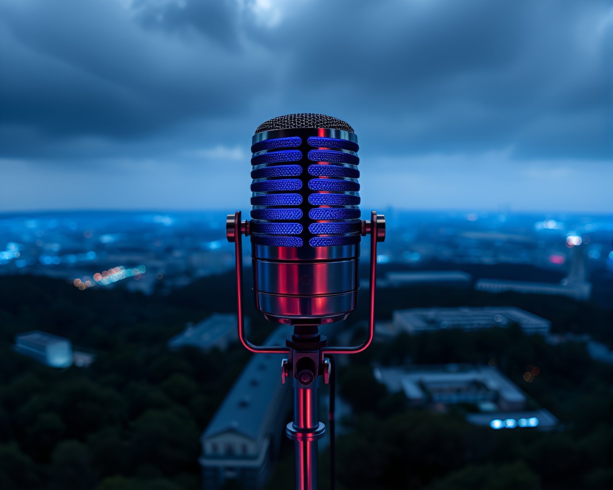Surreal Microphone Landscape with Cobalt Blue Hues – free AI stock image