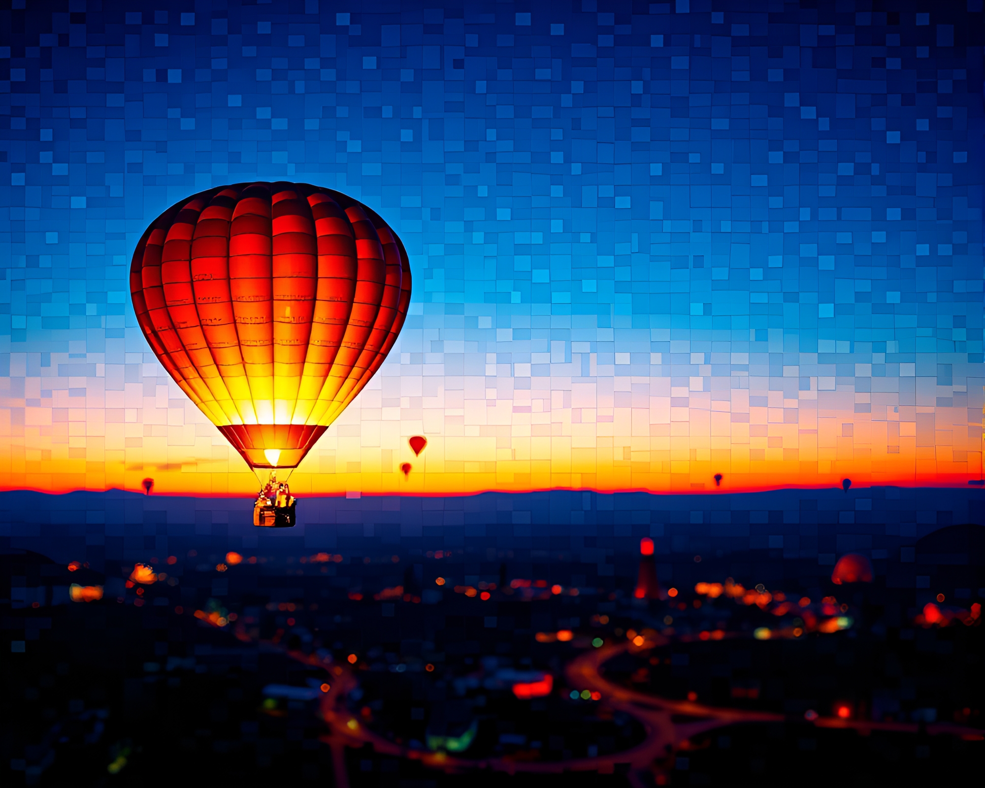 Twilight Glitch Hot Air Balloon Mosaic – free AI stock image