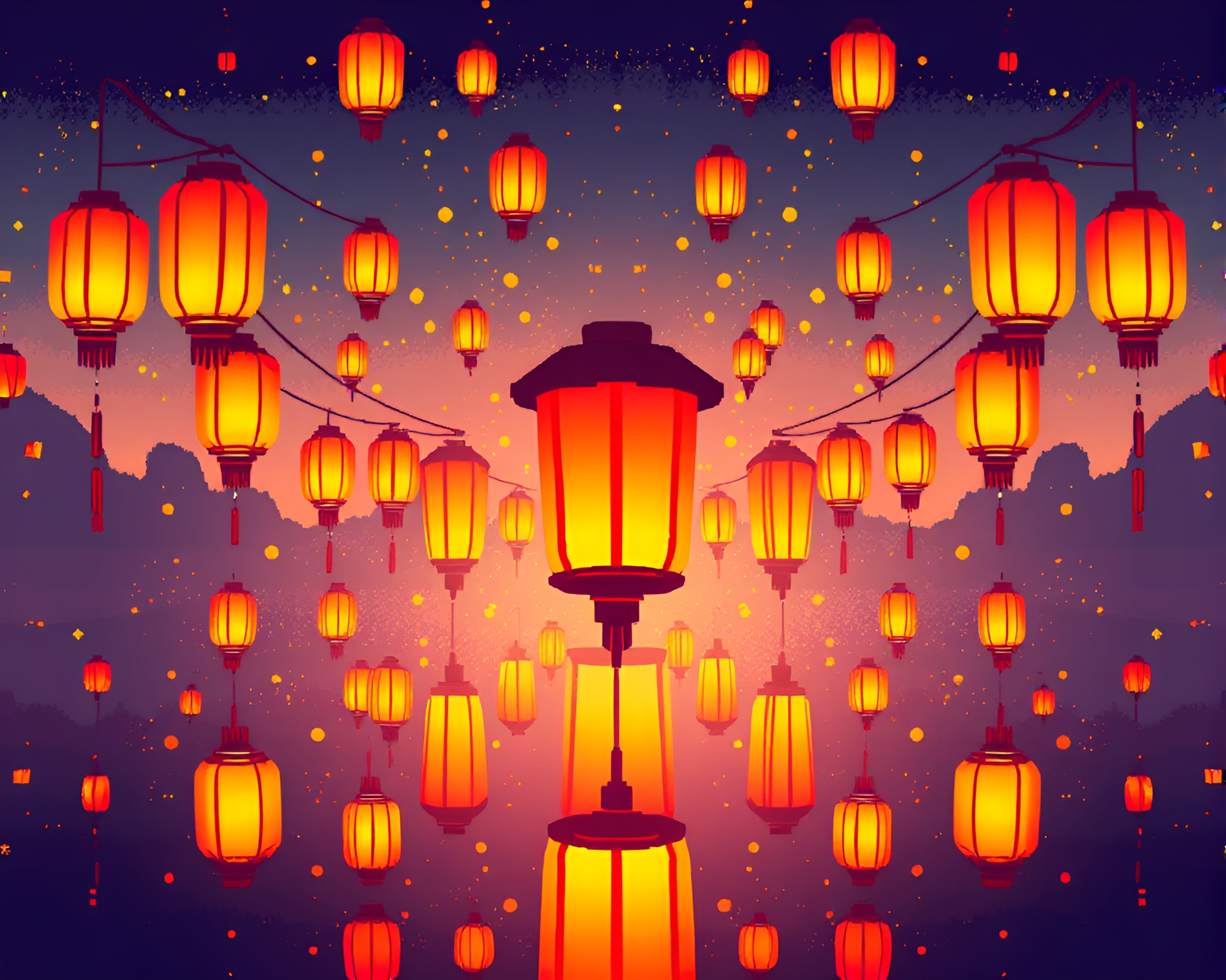 Symmetrical Floating Lanterns in 8-Bit Digital Twilight – free AI stock image