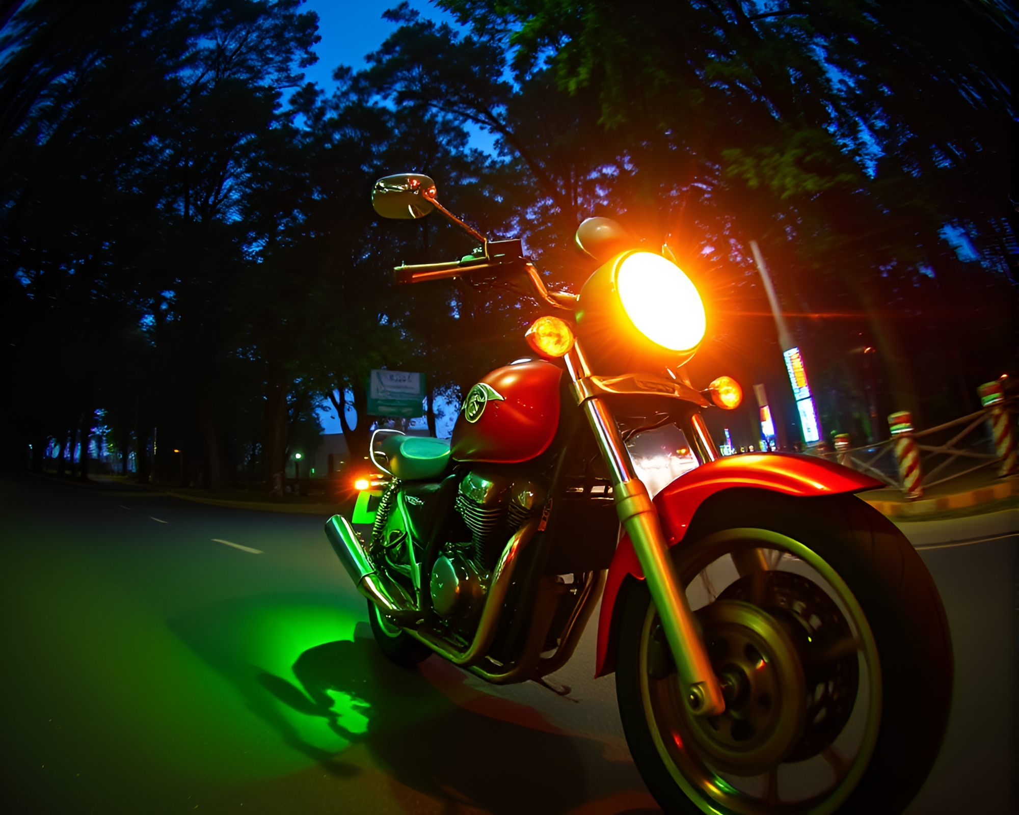Neon Motorcycle Racing through Enchanted Forest with Fisheye Lens – free AI stock image