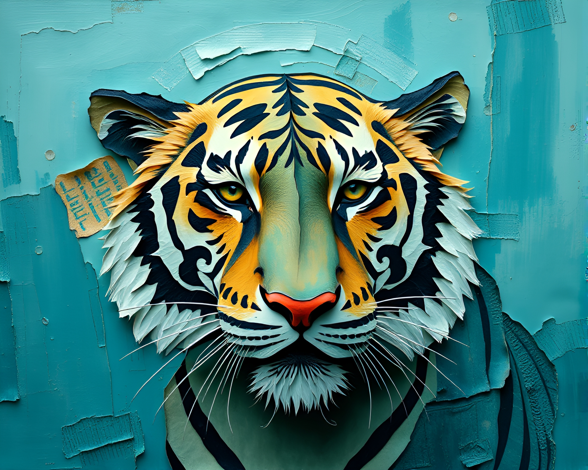Teal Dream: Tiger Amidst Paper Textures – free AI stock image