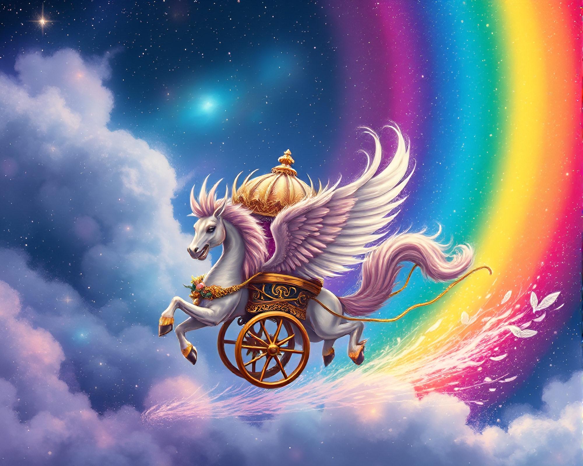 Celestial Chariot: Manga Feather Dusting under Cosmic Rainbow – free AI stock image
