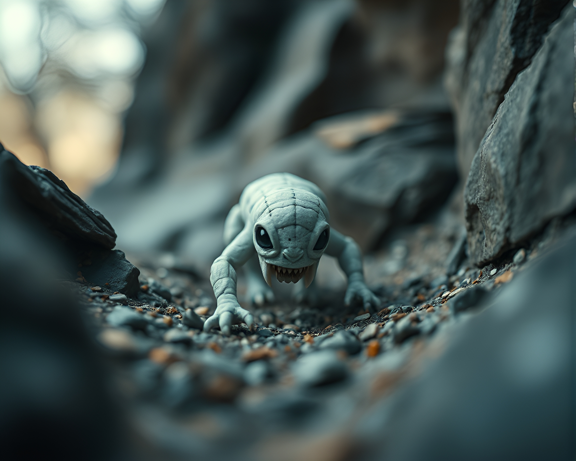 Miniature Golem Monolith Towering from Worm’s Eye View – free AI stock image