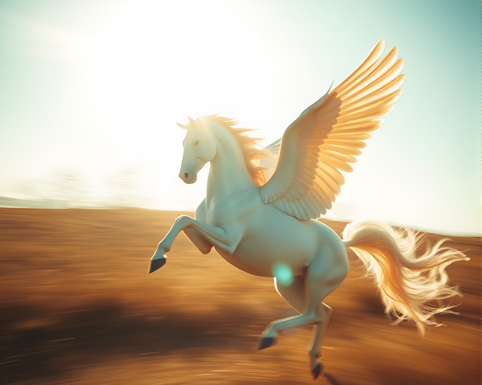 Mythical Pegasus in Sun-Drenched Motion – free AI stock image