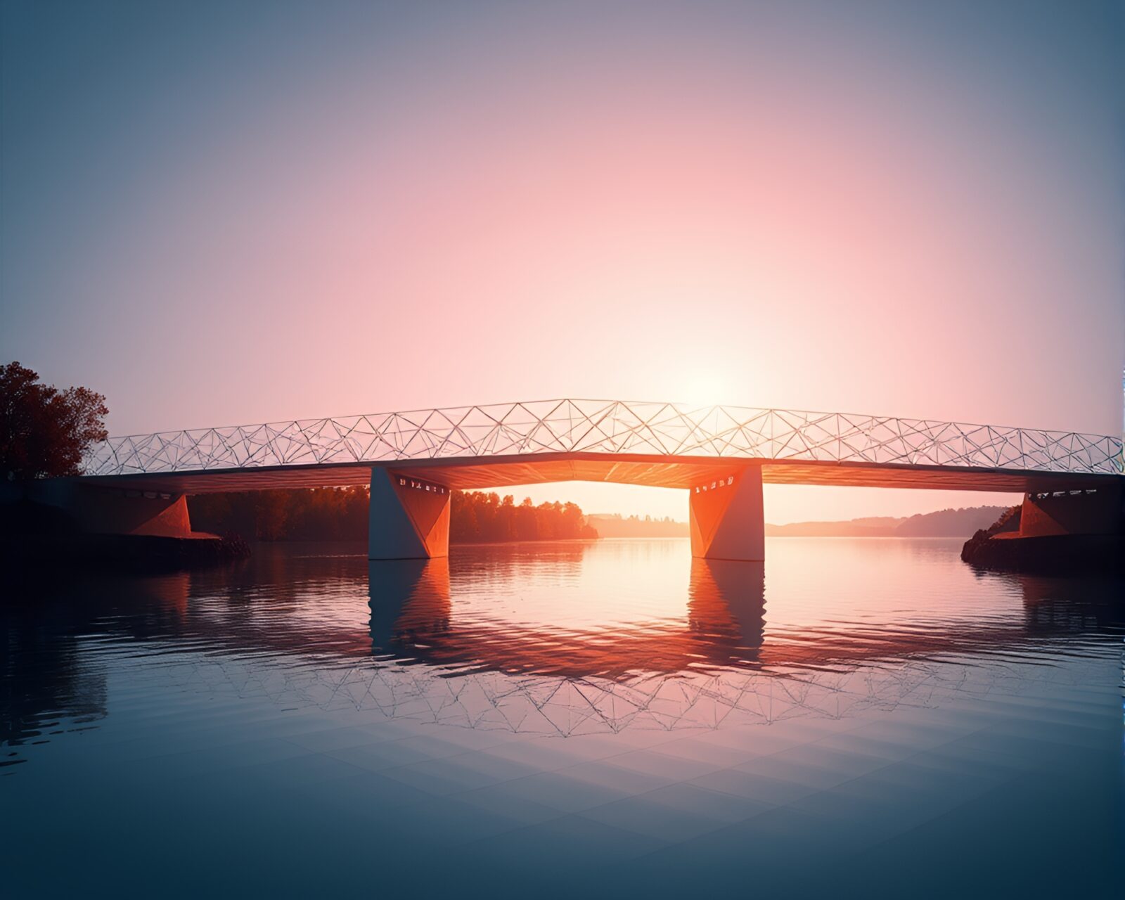 A surreal glass bridge with intricate geometric designs.