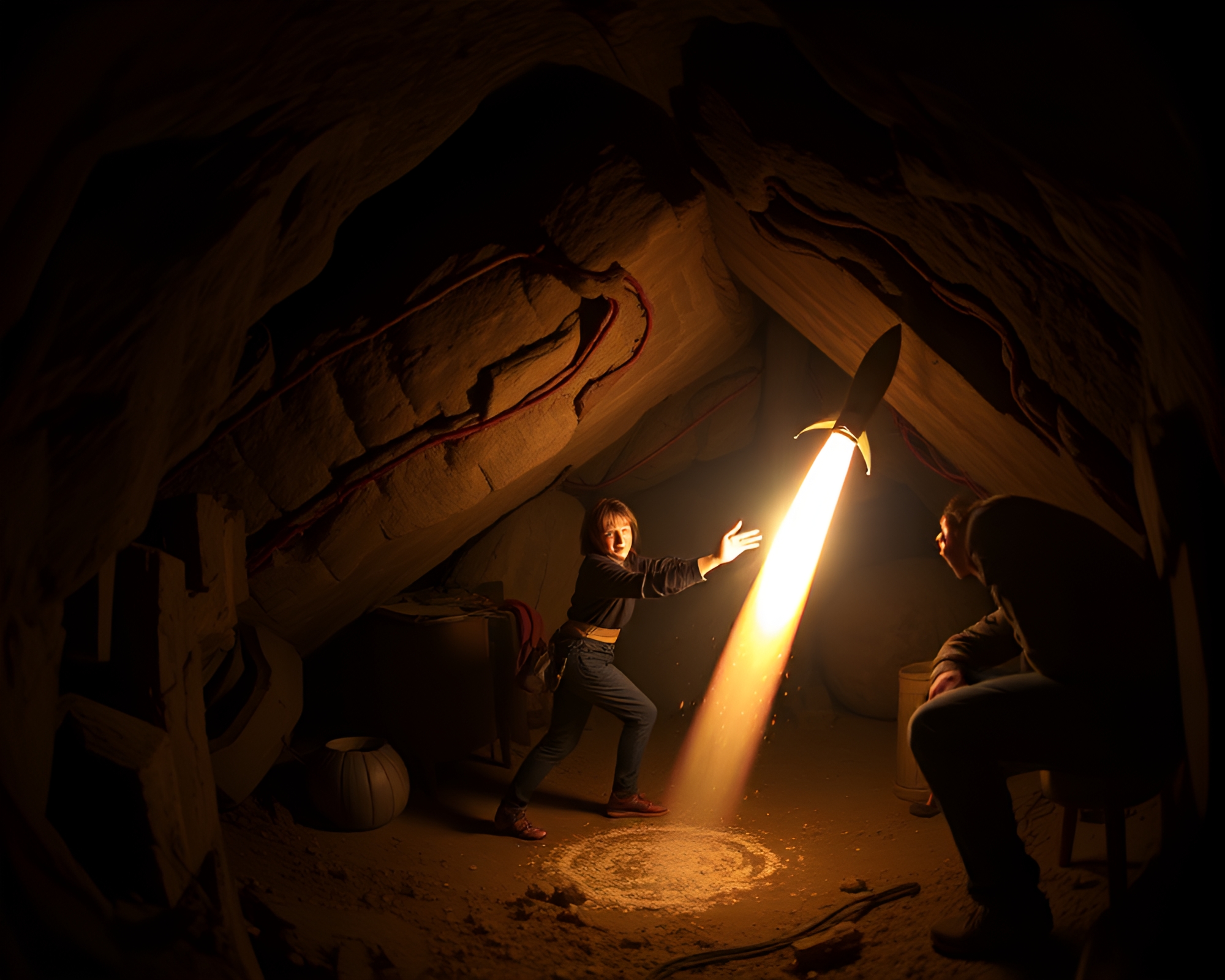 Rocket Explorer’s Candid Encounter in Dungeon Torchlight – free AI stock image