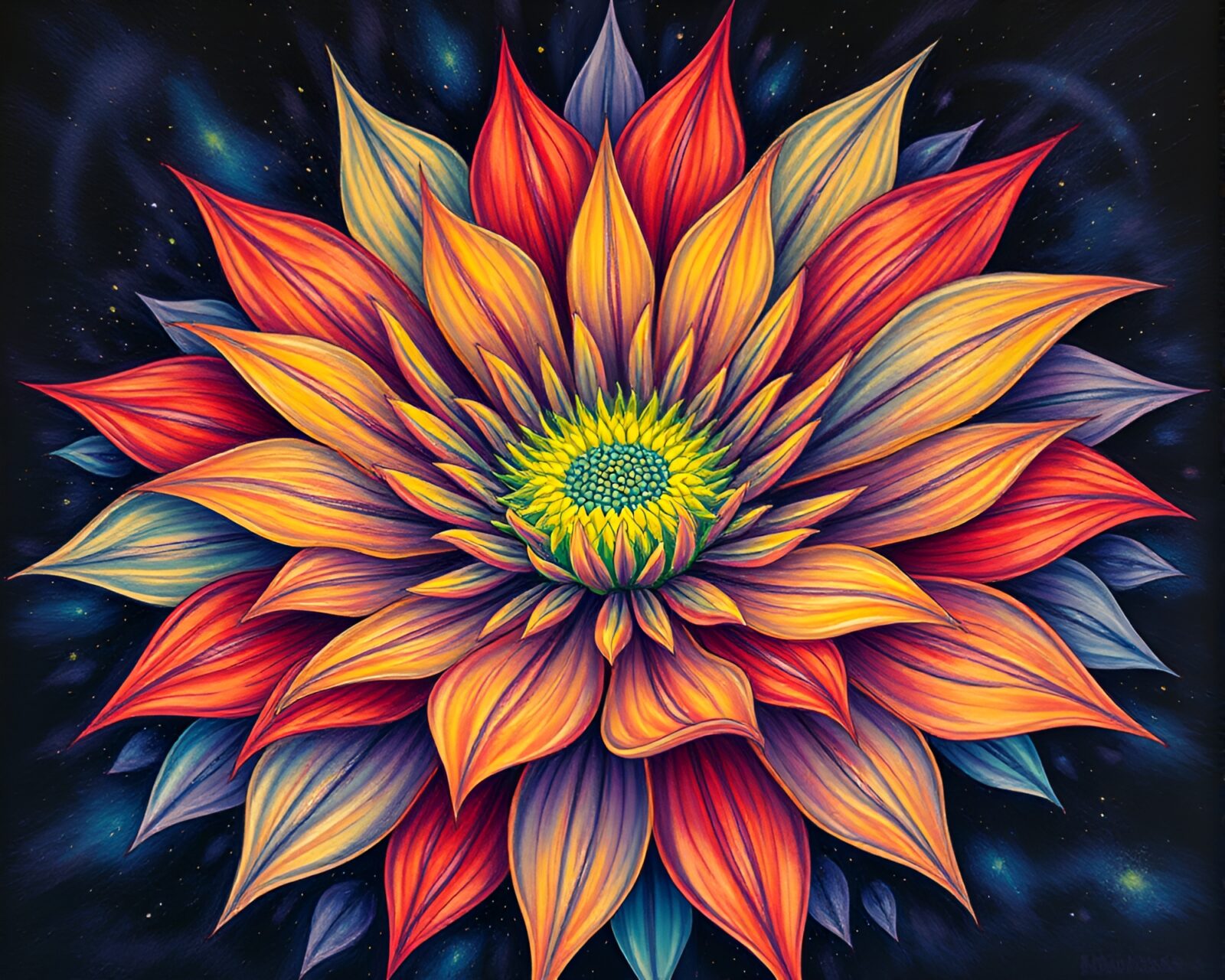 Tempera painting of otherworldly floral creatures in starburst colors.