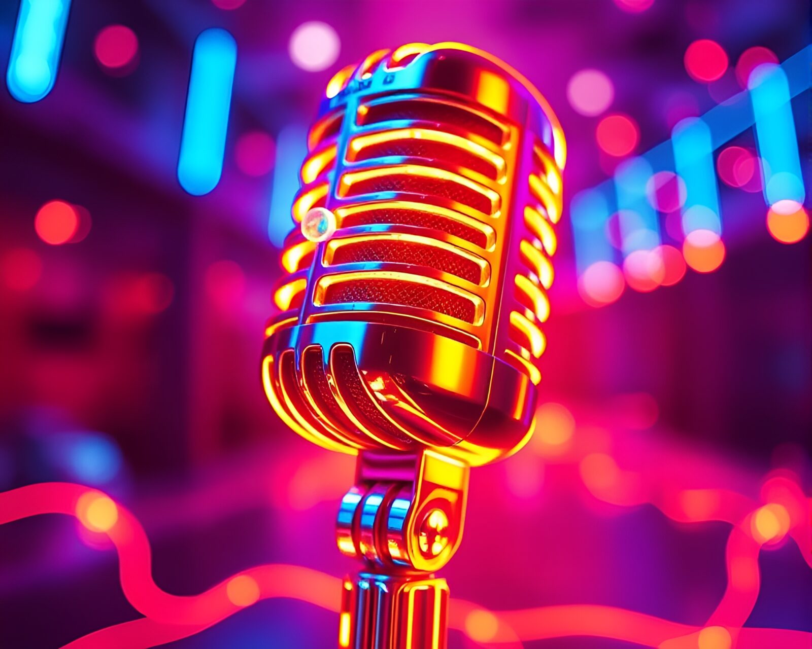 Vibrant neon wireframe microphone with captivating fractal glow