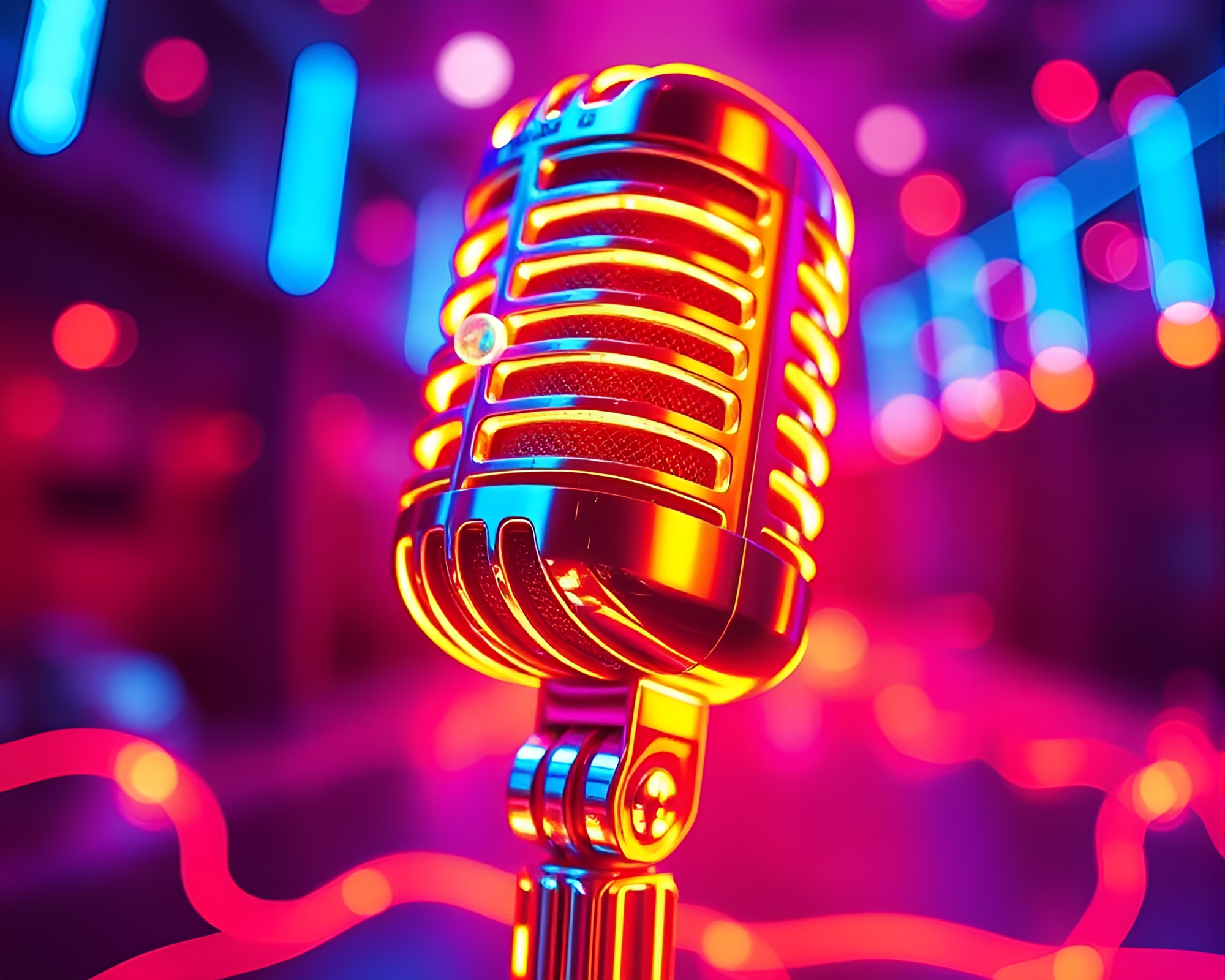 Neon Wireframe Microphone in Fractal Glow – free AI stock image