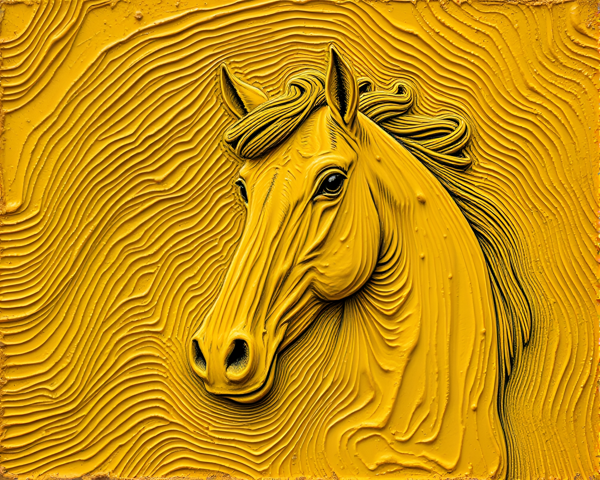Engraved mustard-yellow centaur amidst oil impasto ridges – free AI stock image
