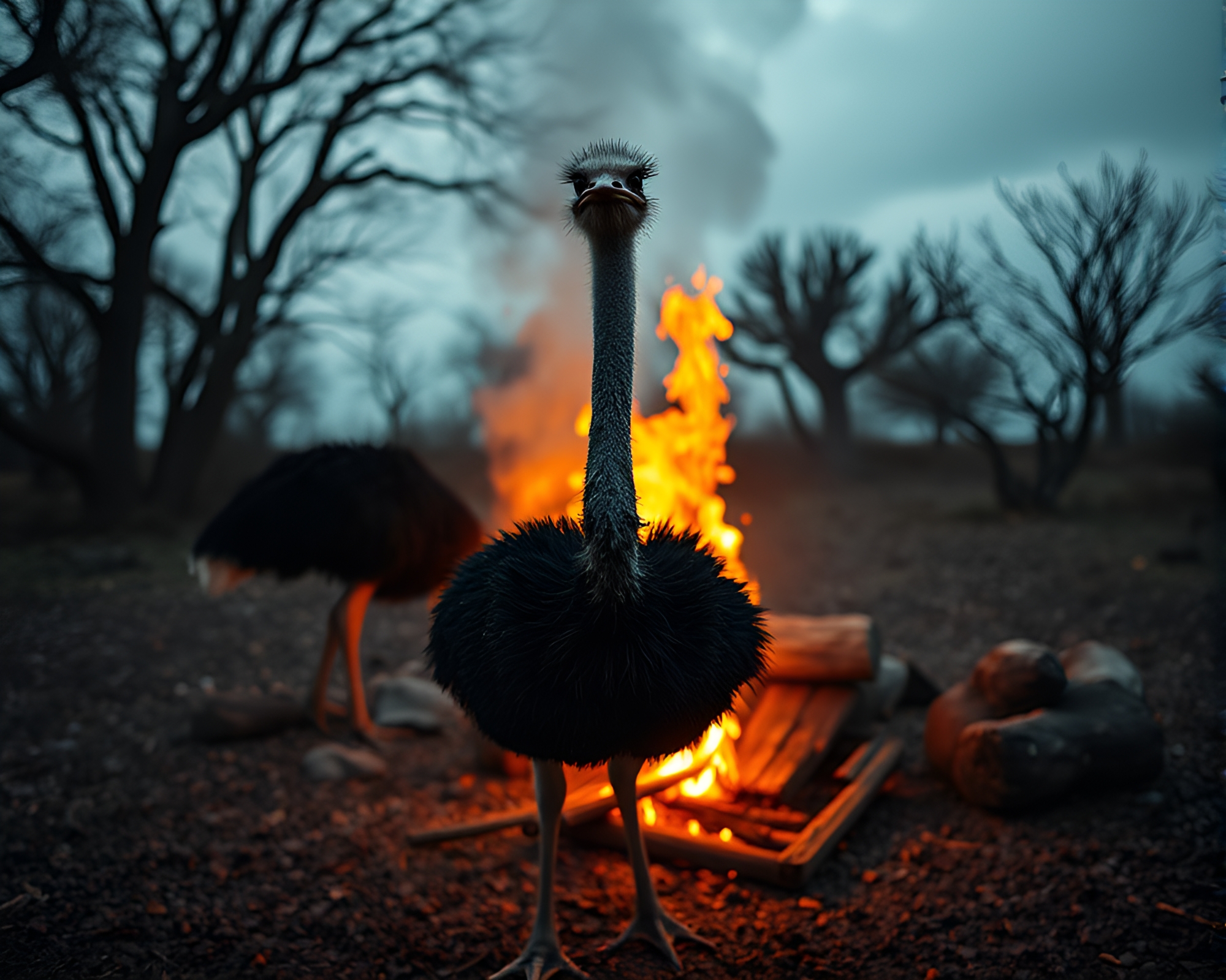Majestic Ostrich by the Flickering Fireplace – free AI stock image