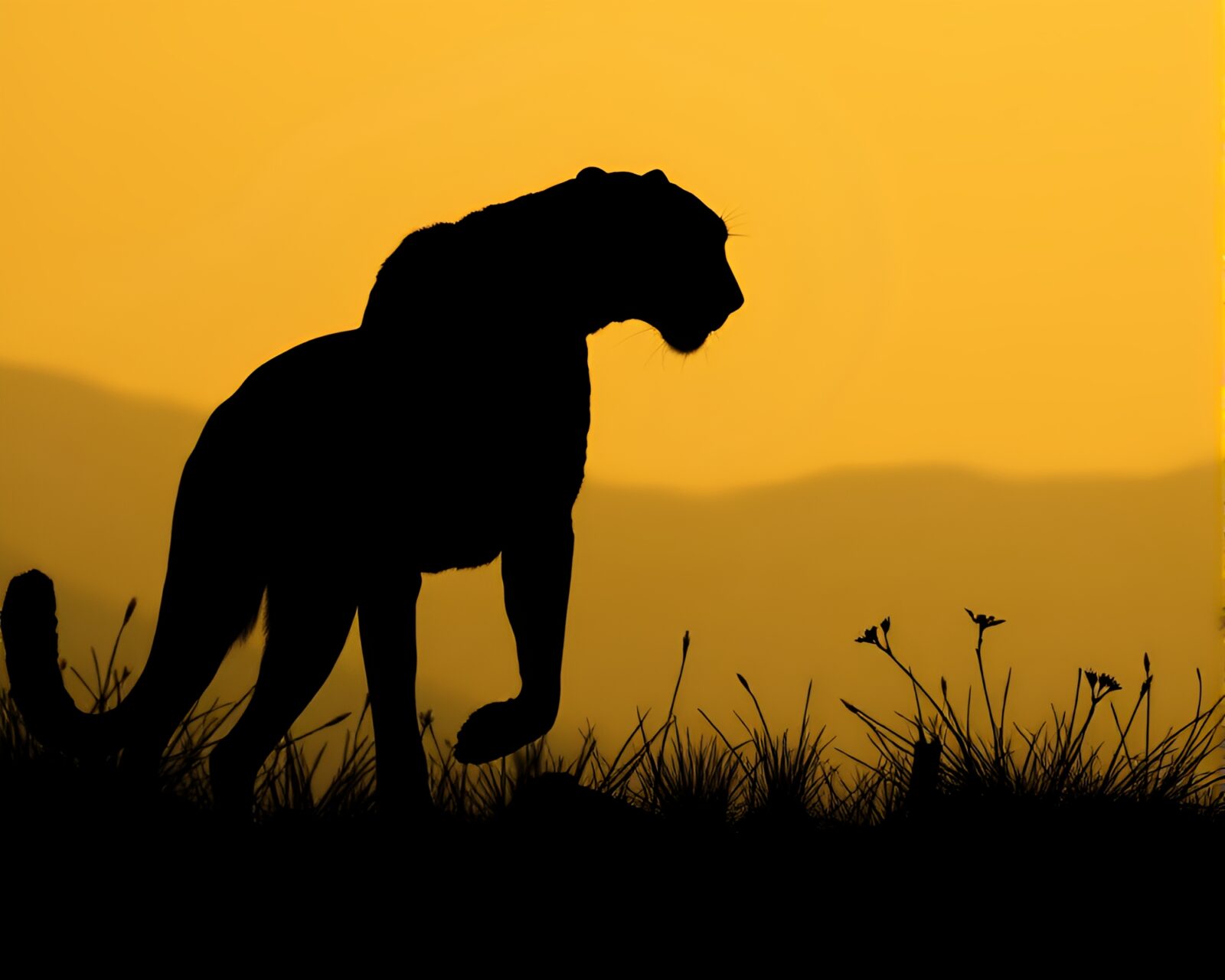 Elegant cheetah in layered grainy silhouette-style illustration