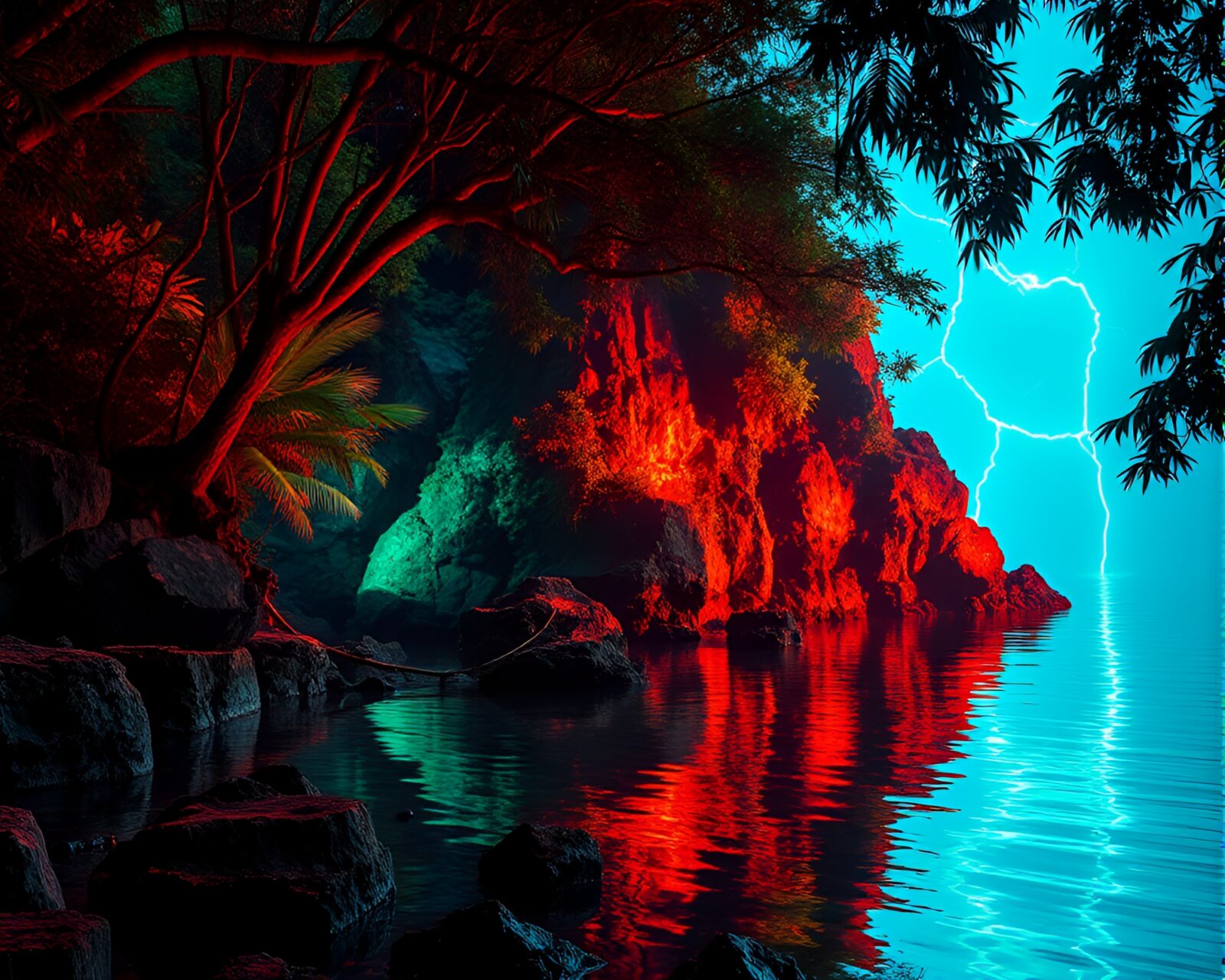 Vibrant neon reflections on serene jungle canopy over rocky coast