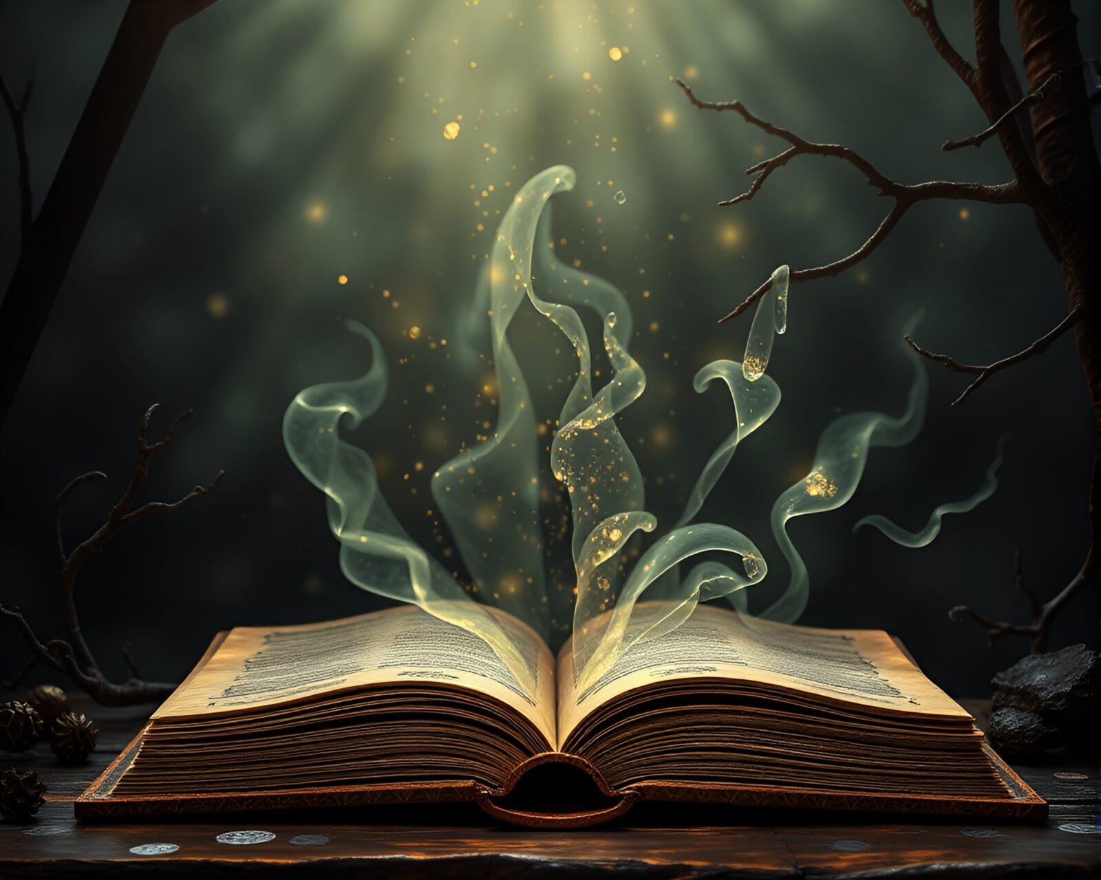 Enchanted book glowing with bronze light and data patterns