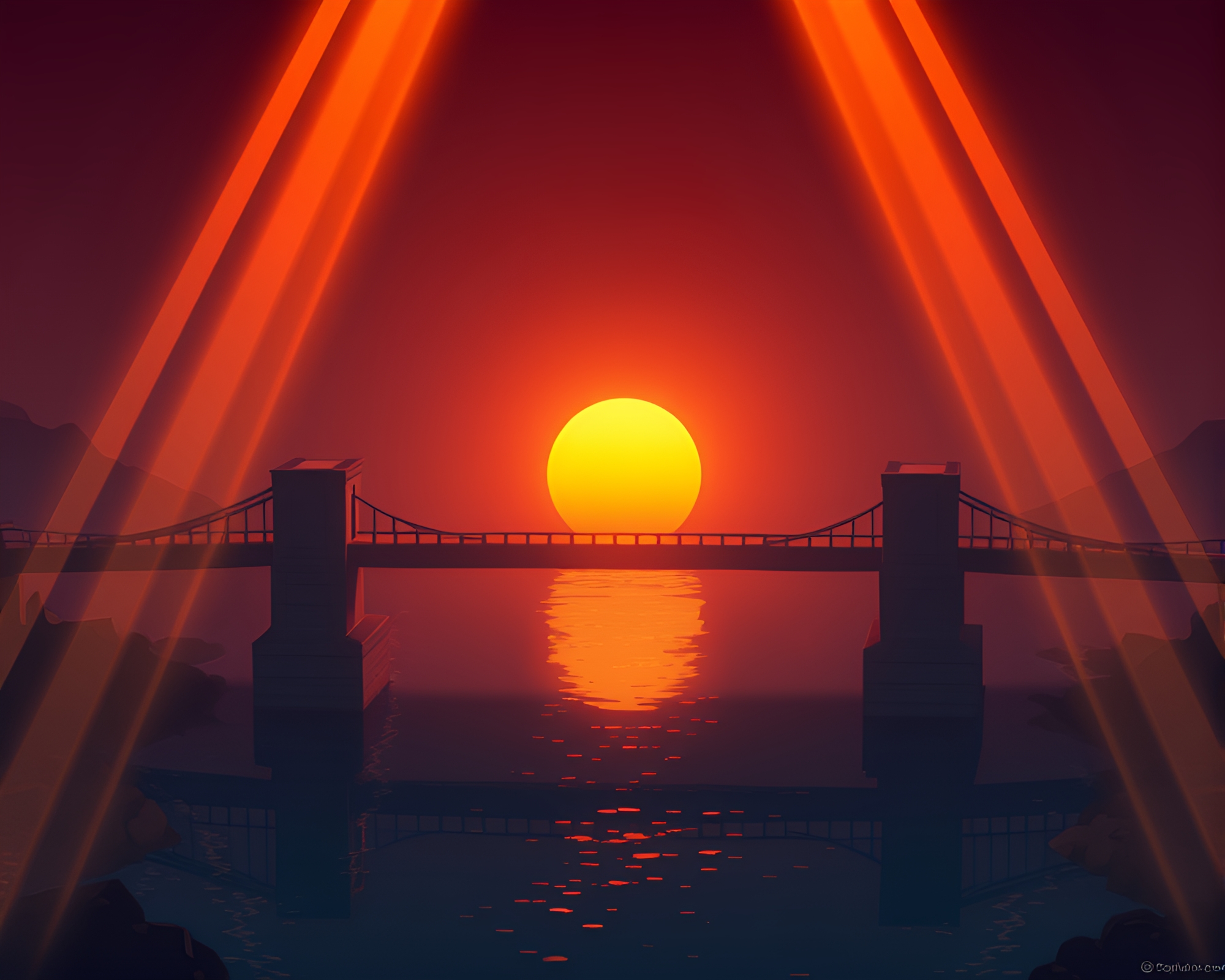 Voxel Bridge Illuminated by Golden Morning Laser Beams – free AI stock image
