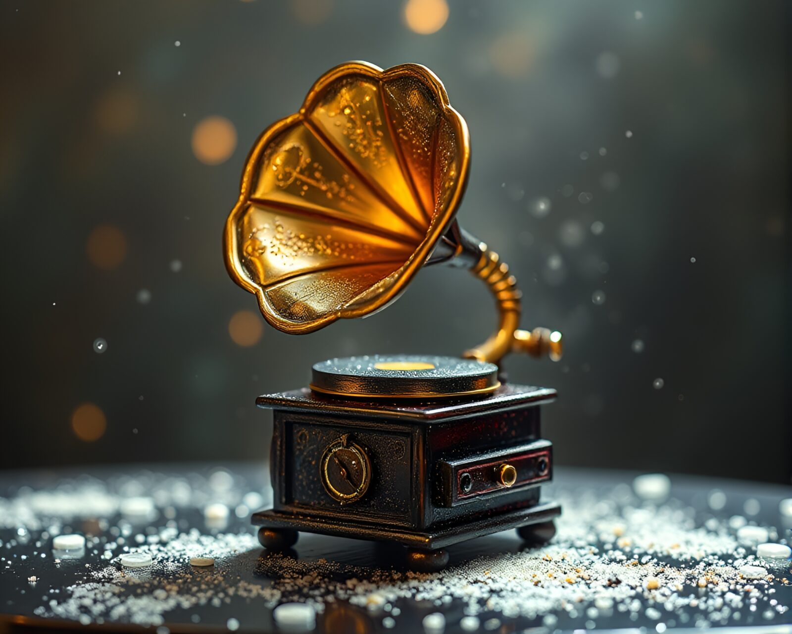 Steampunk gramophone reflecting stardust shimmer on wet glass beads
