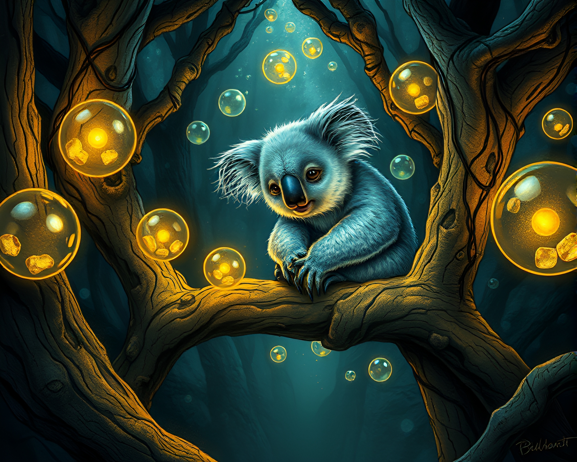 Koala Bubble Clusters in Torchlit Dungeon Engraving – free AI stock image
