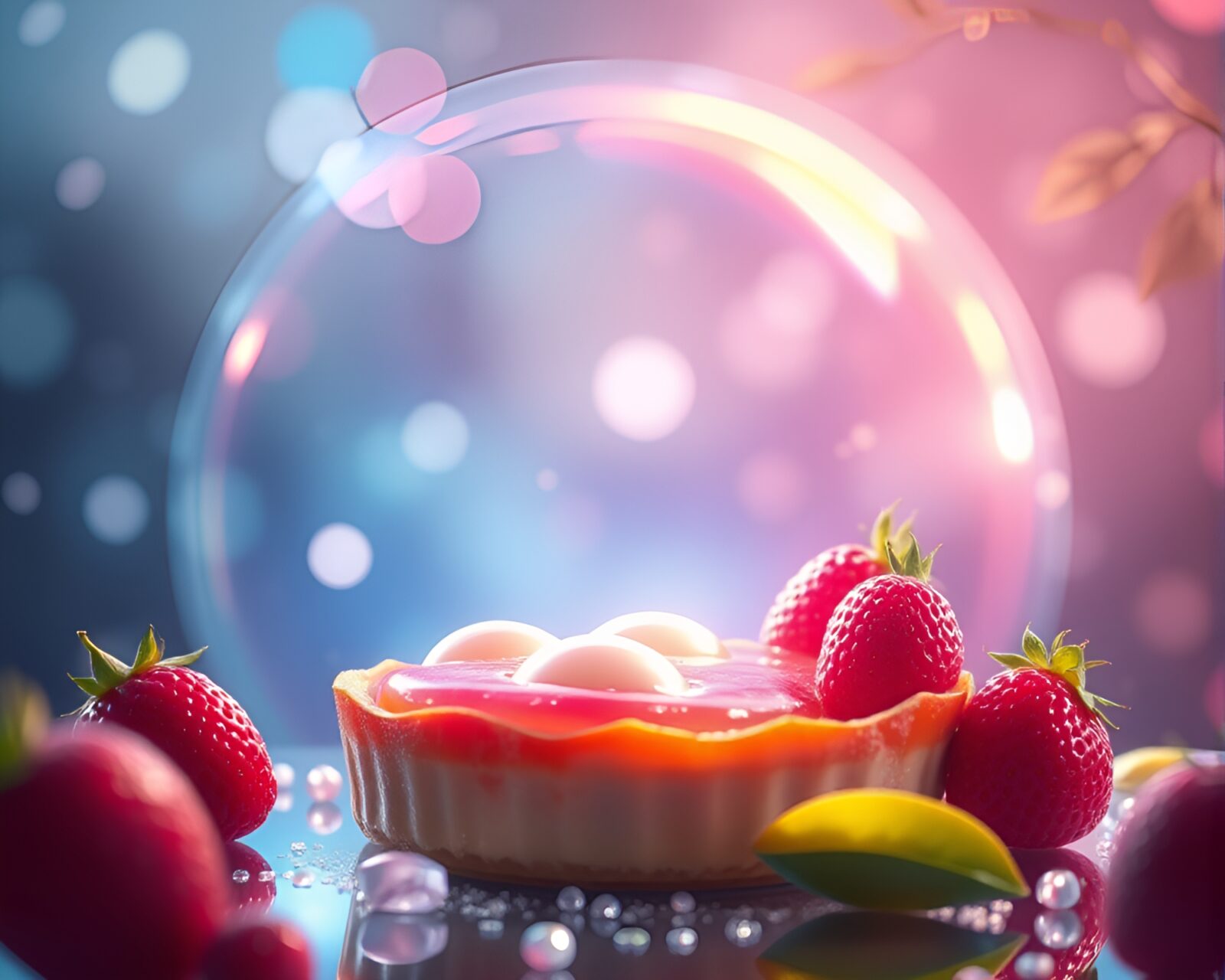 Colorful and vibrant anime character holding a holographic fruit tart
