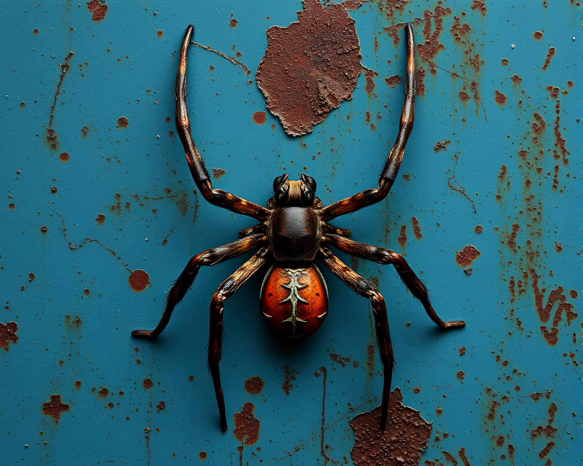 Mechanical Spider in Ocean-Blue Rust Stains Art – free AI stock image