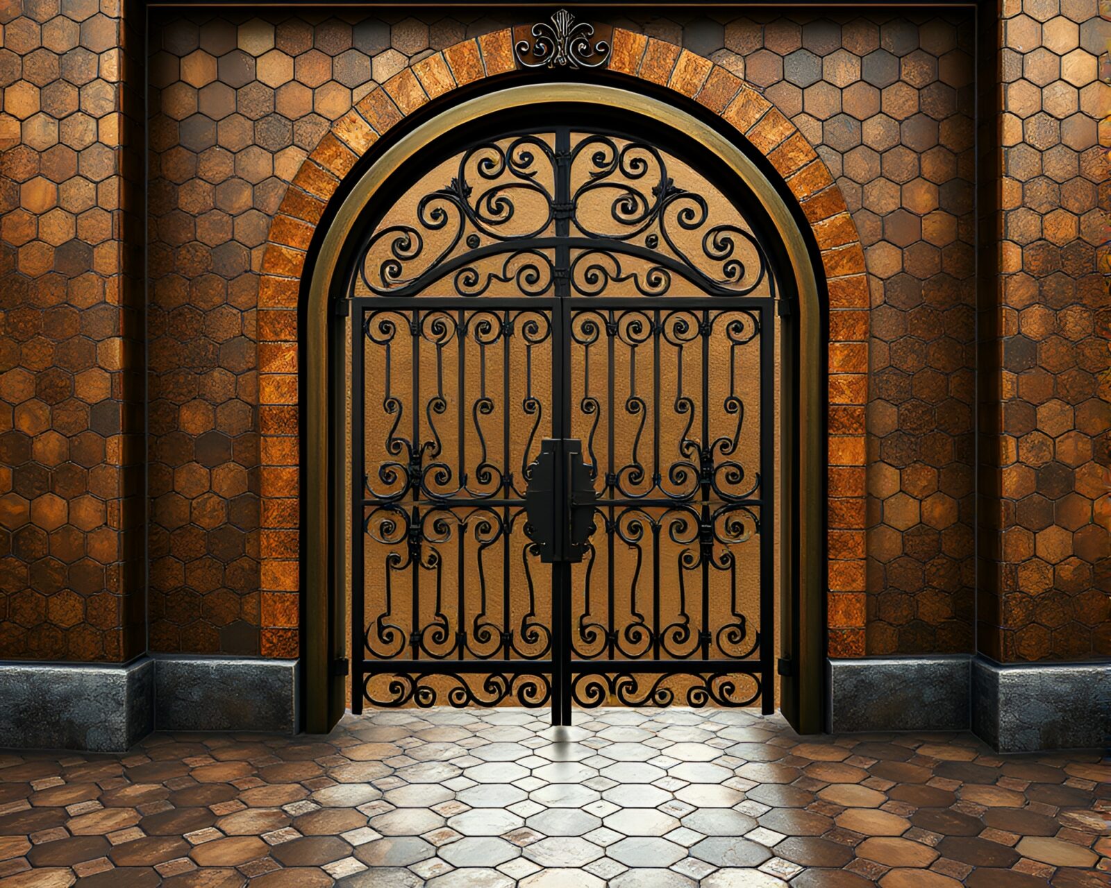 Matte painting of intricate hexagonal tiling and gate design