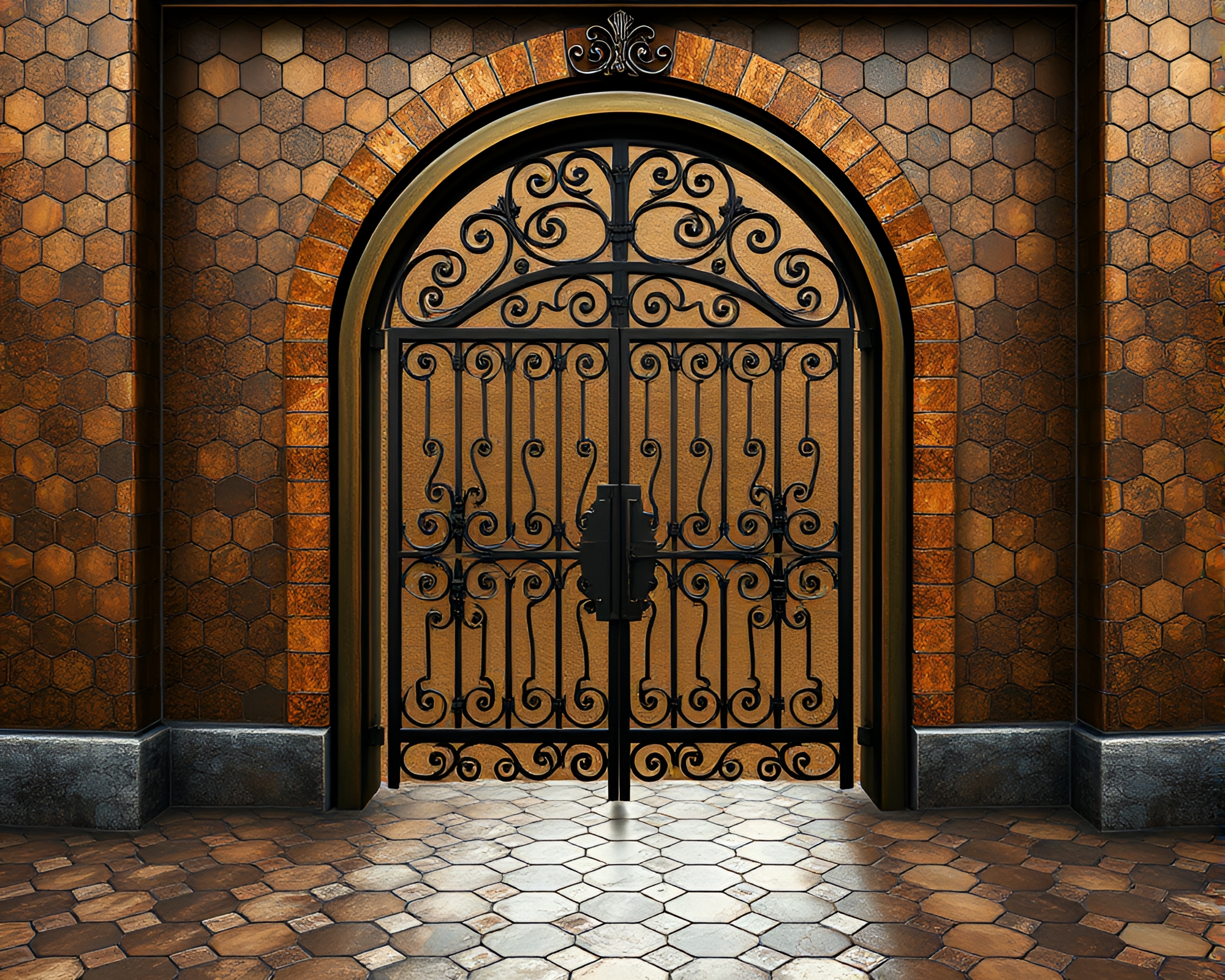 Hexagonal Wrought Iron Gate with a Bronze Sheen – free AI stock image