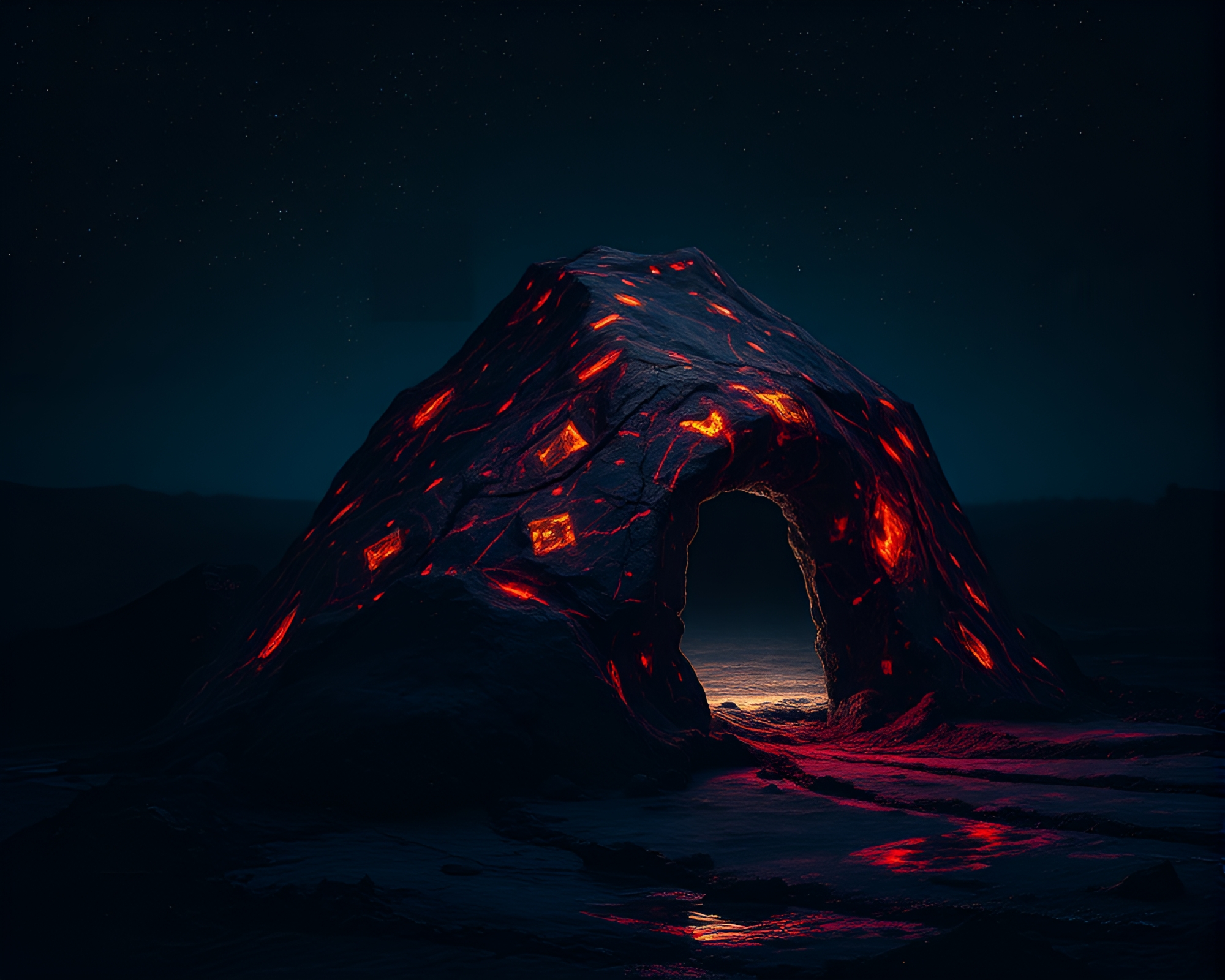 Prismatic Bioluminescent Mud Hut Etching – free AI stock image