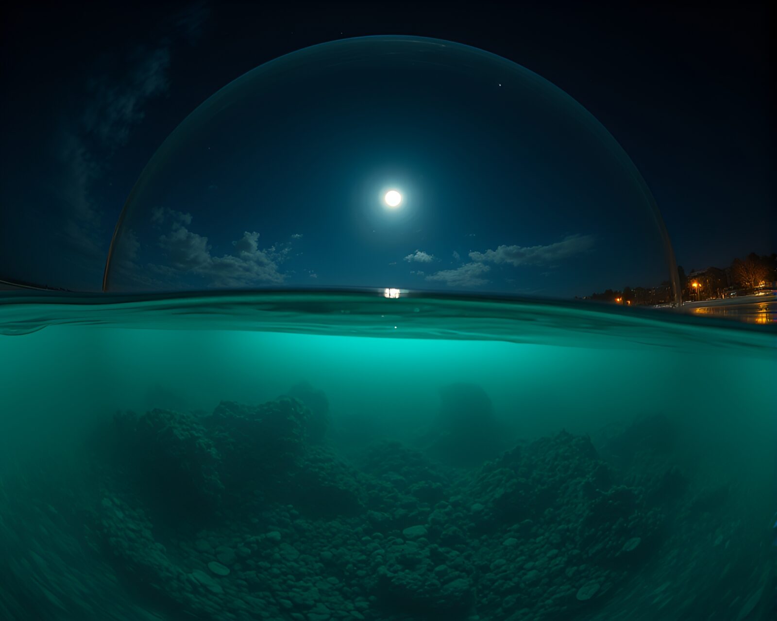 Moody moonlit underwater scene with distorted fisheye view