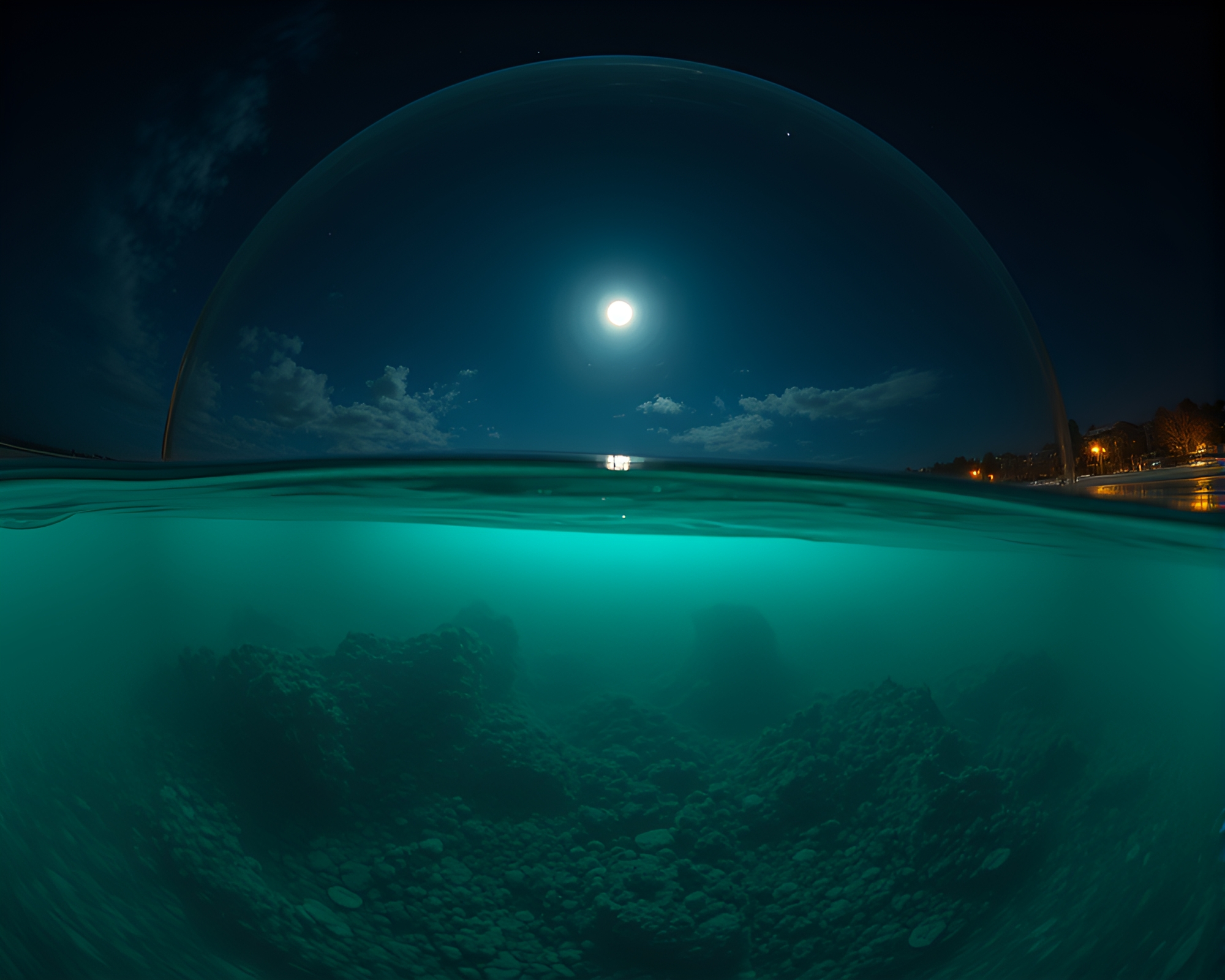 Moonlit Underwater Dome with Fisheye Effect – free AI stock image
