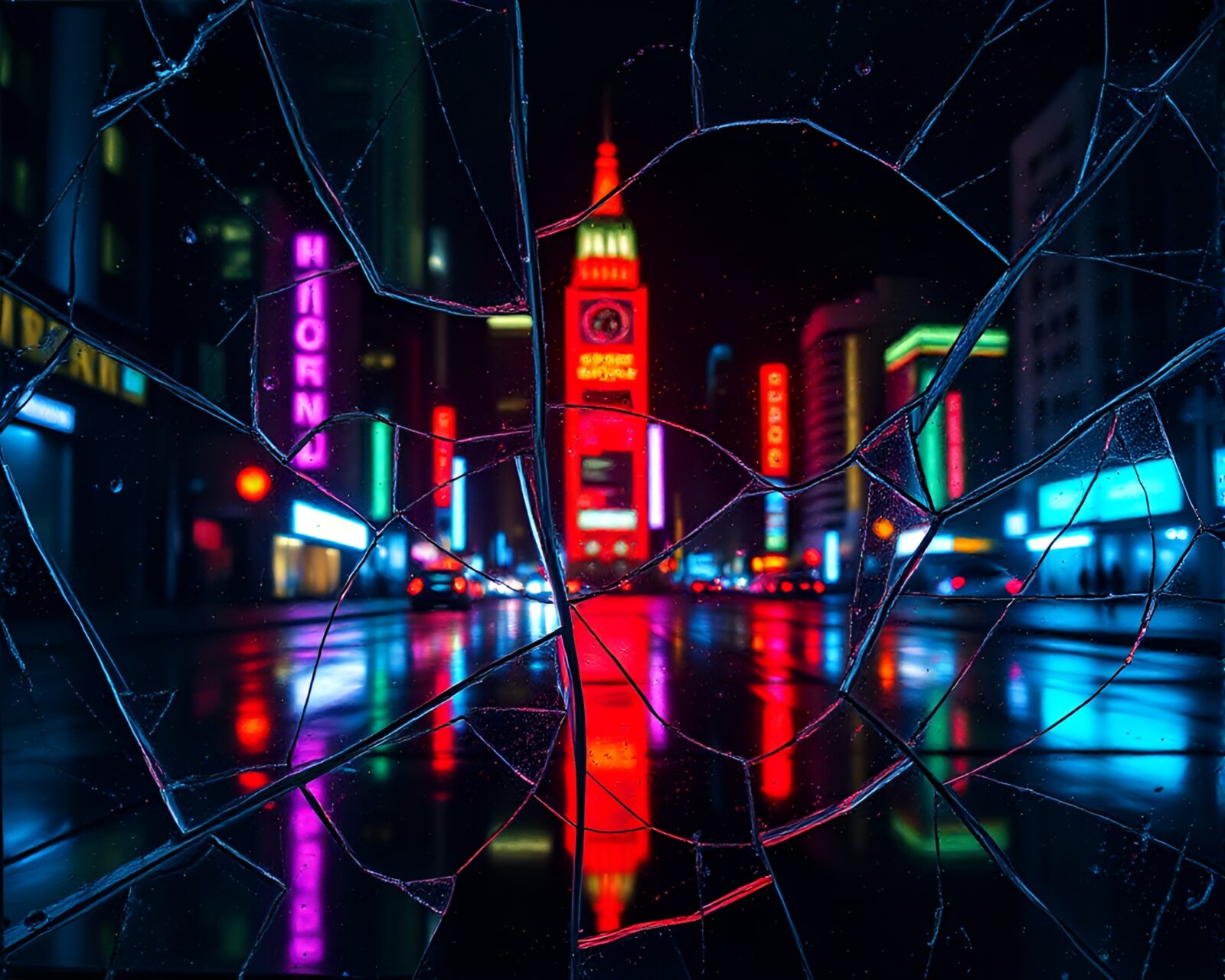 Broken glass reflects glowing rune stone in neon city.