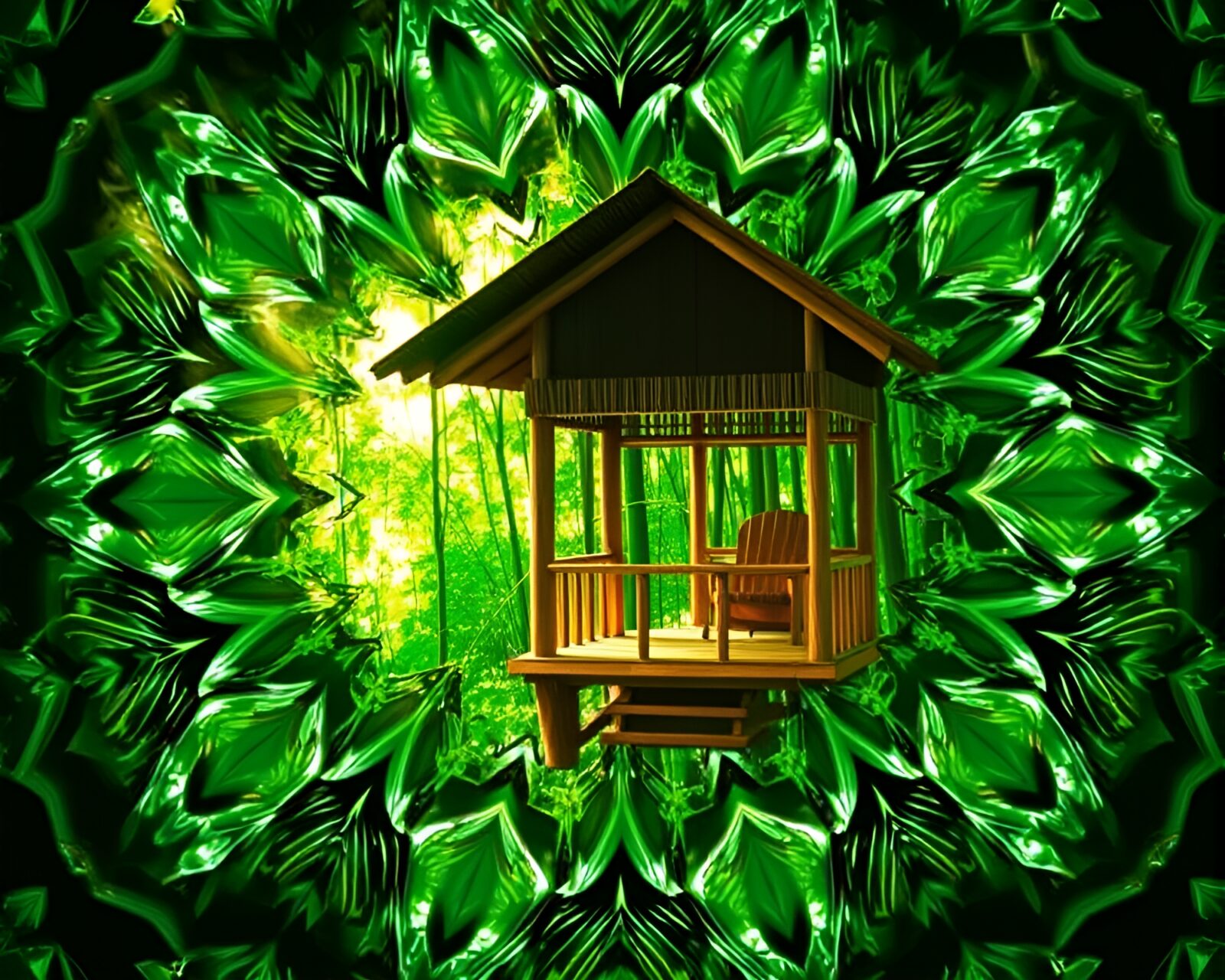Data visualization of a bamboo hut in emerald tones