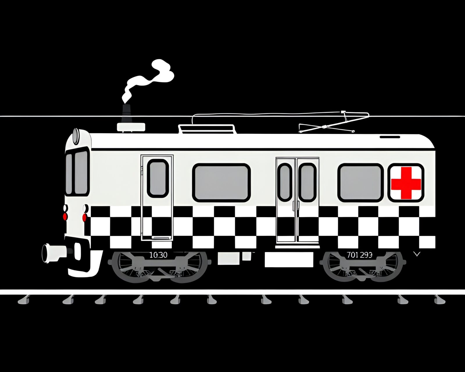 Illustration of a train on checkered tracks in dark ambiance