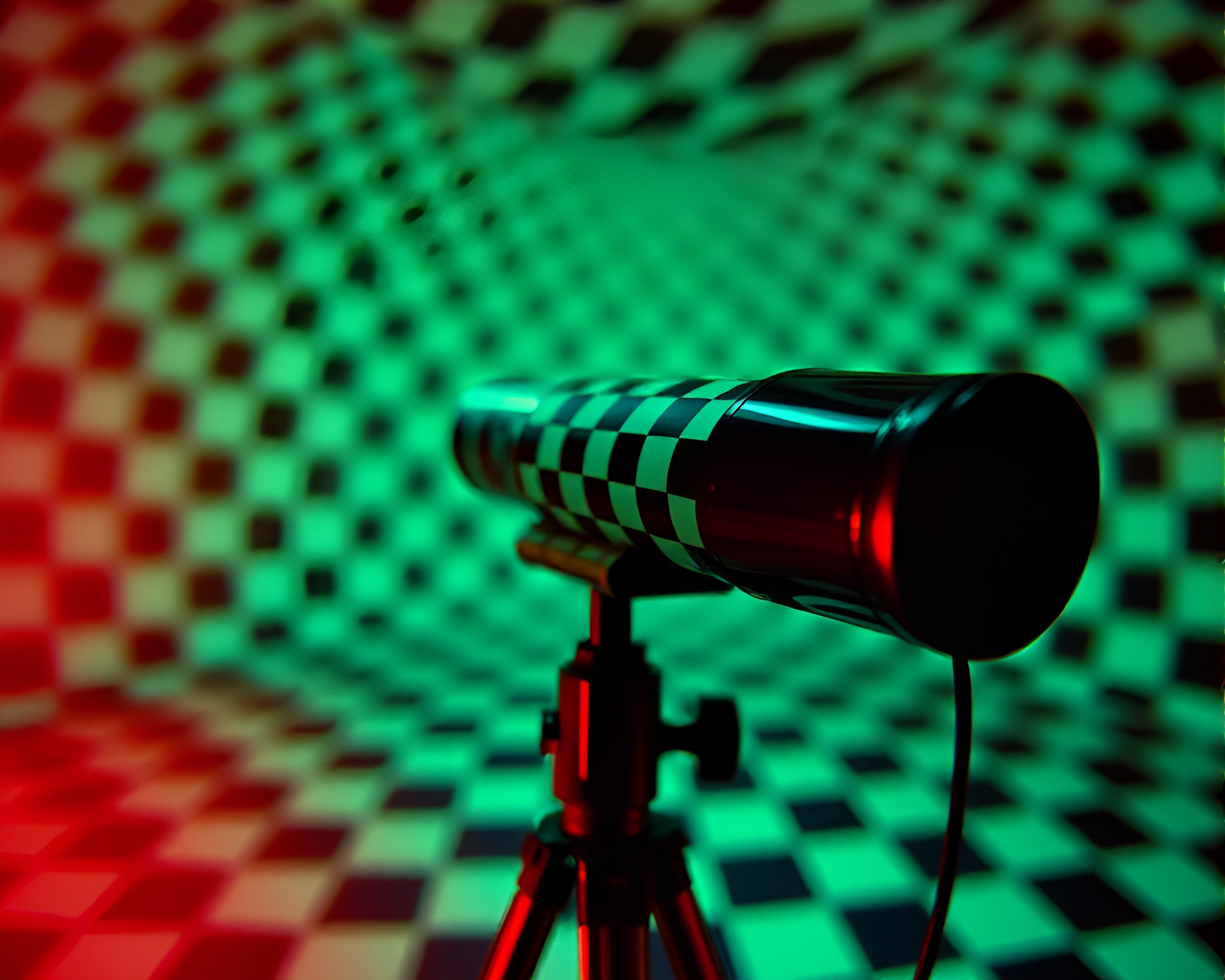 Vintage telescope in fluorescent checkered distortion – free AI stock image