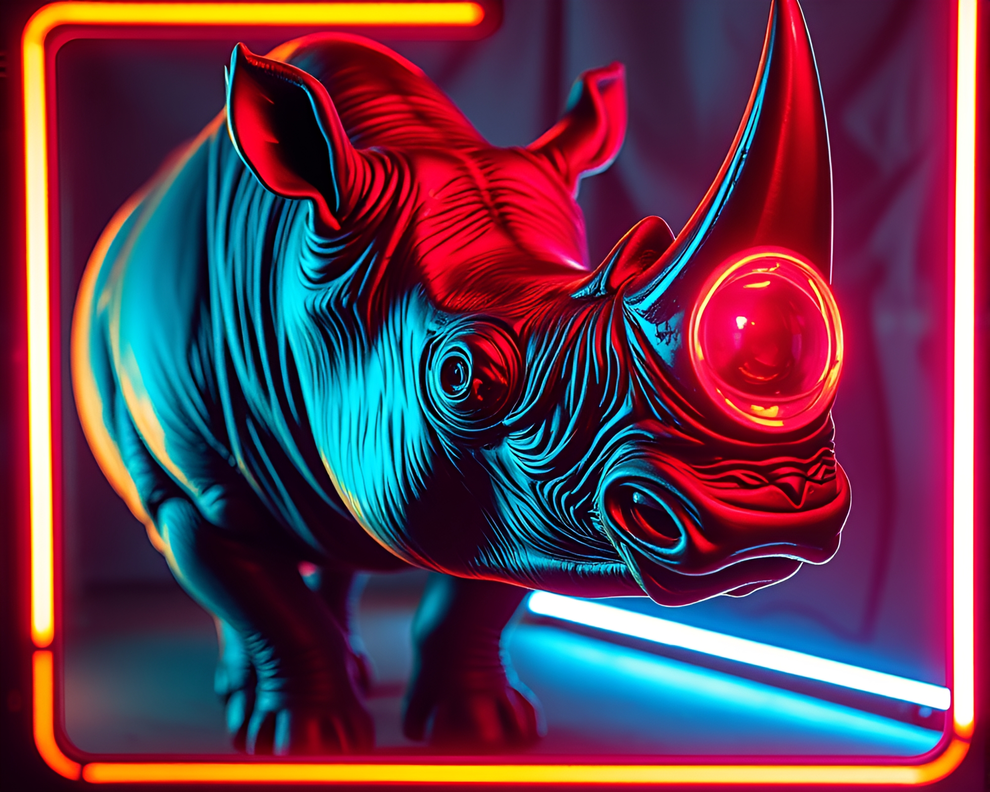 Foil-Stamped Neon Rhino Amidst Vignette Glow – free AI stock image